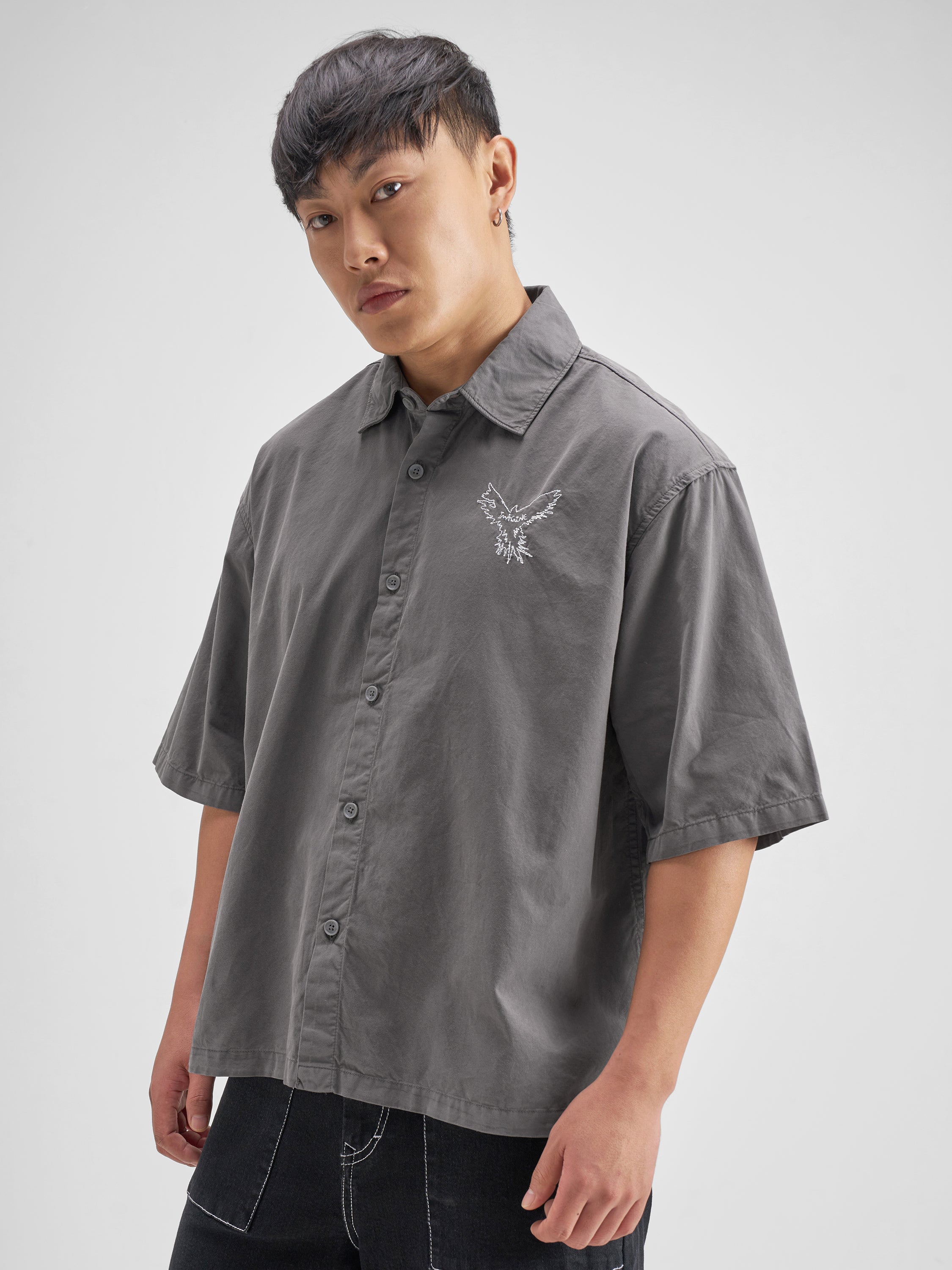 Highlander Men Grey Embroidered Boxy Fit Casual Shirt - Grey - Image 4