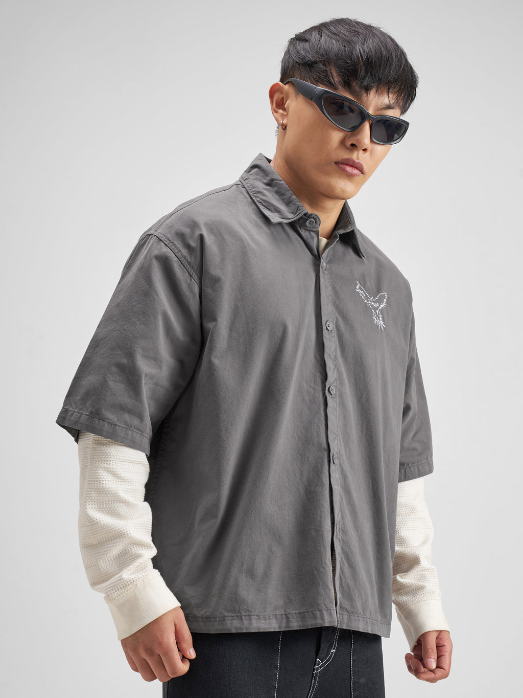 Highlander Men Grey Embroidered Boxy Fit Casual Shirt - Grey - Image 6
