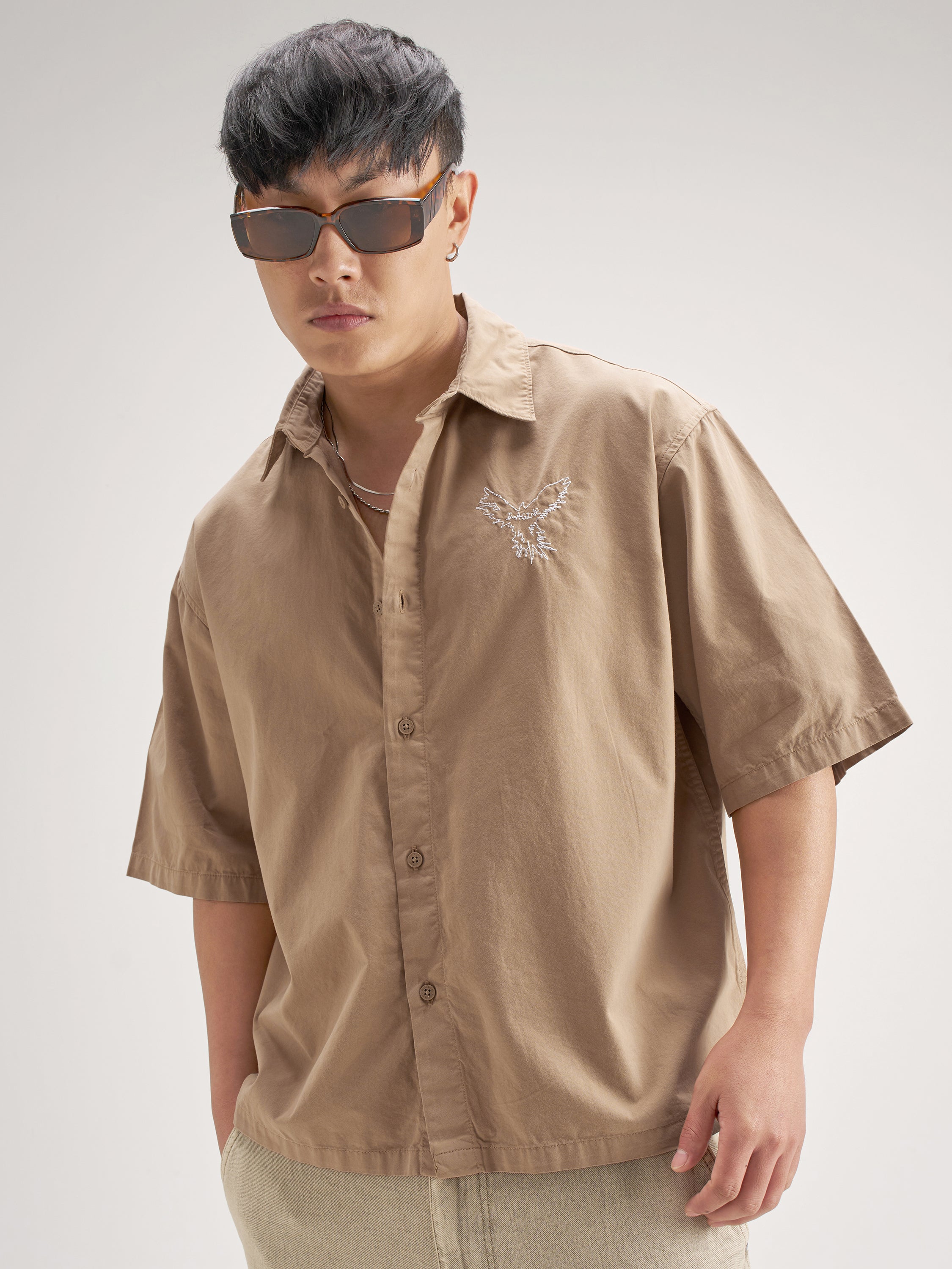 Highlander Men Khaki Embroidered Boxy Fit Casual Shirt - Khaki - Image 3