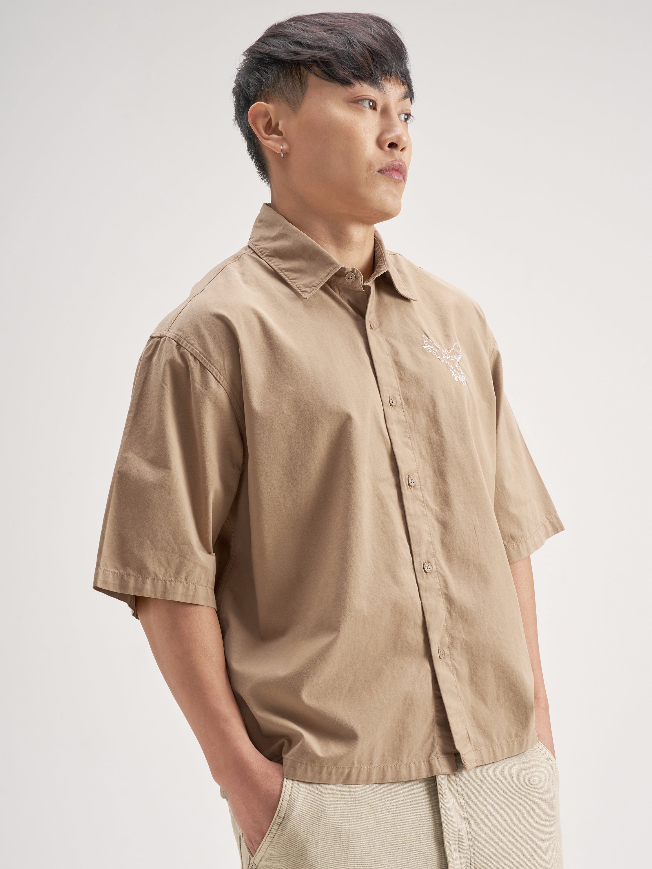 Highlander Men Khaki Embroidered Boxy Fit Casual Shirt - Khaki - Image 6