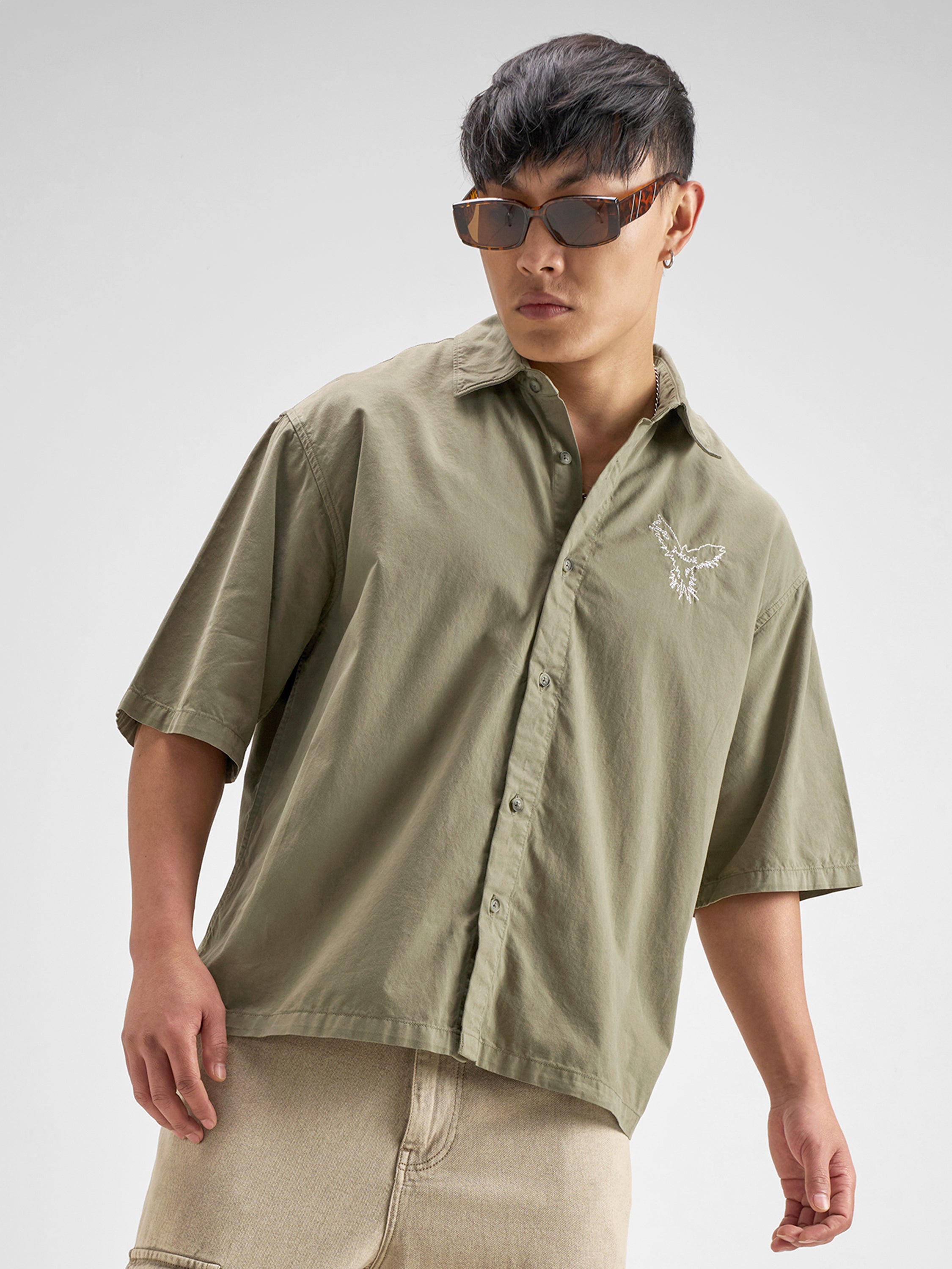 Highlander Men Olive Embroidered Boxy Fit Casual Shirt - Olive - Image 3