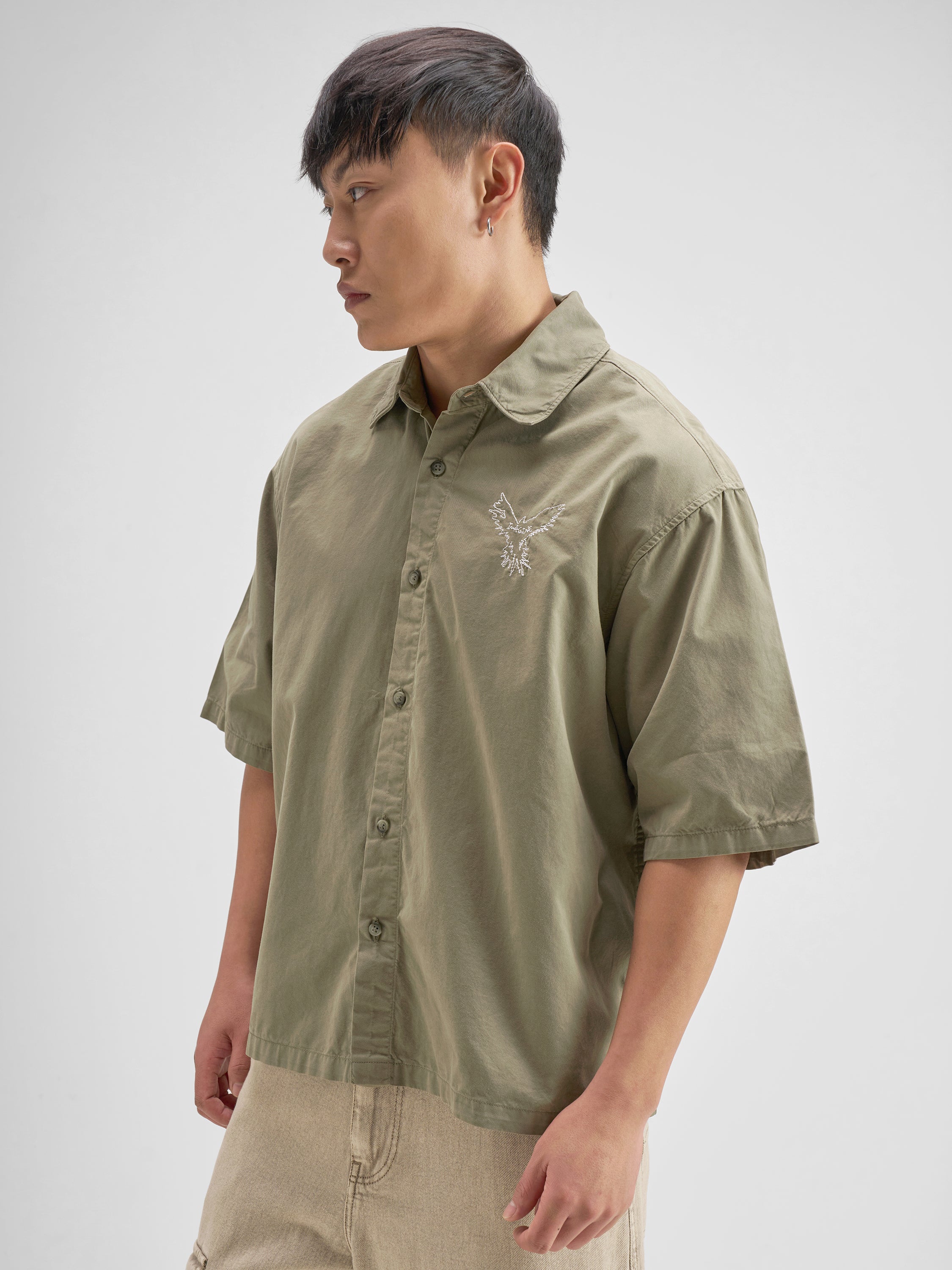 Highlander Men Olive Embroidered Boxy Fit Casual Shirt - Olive - Image 4