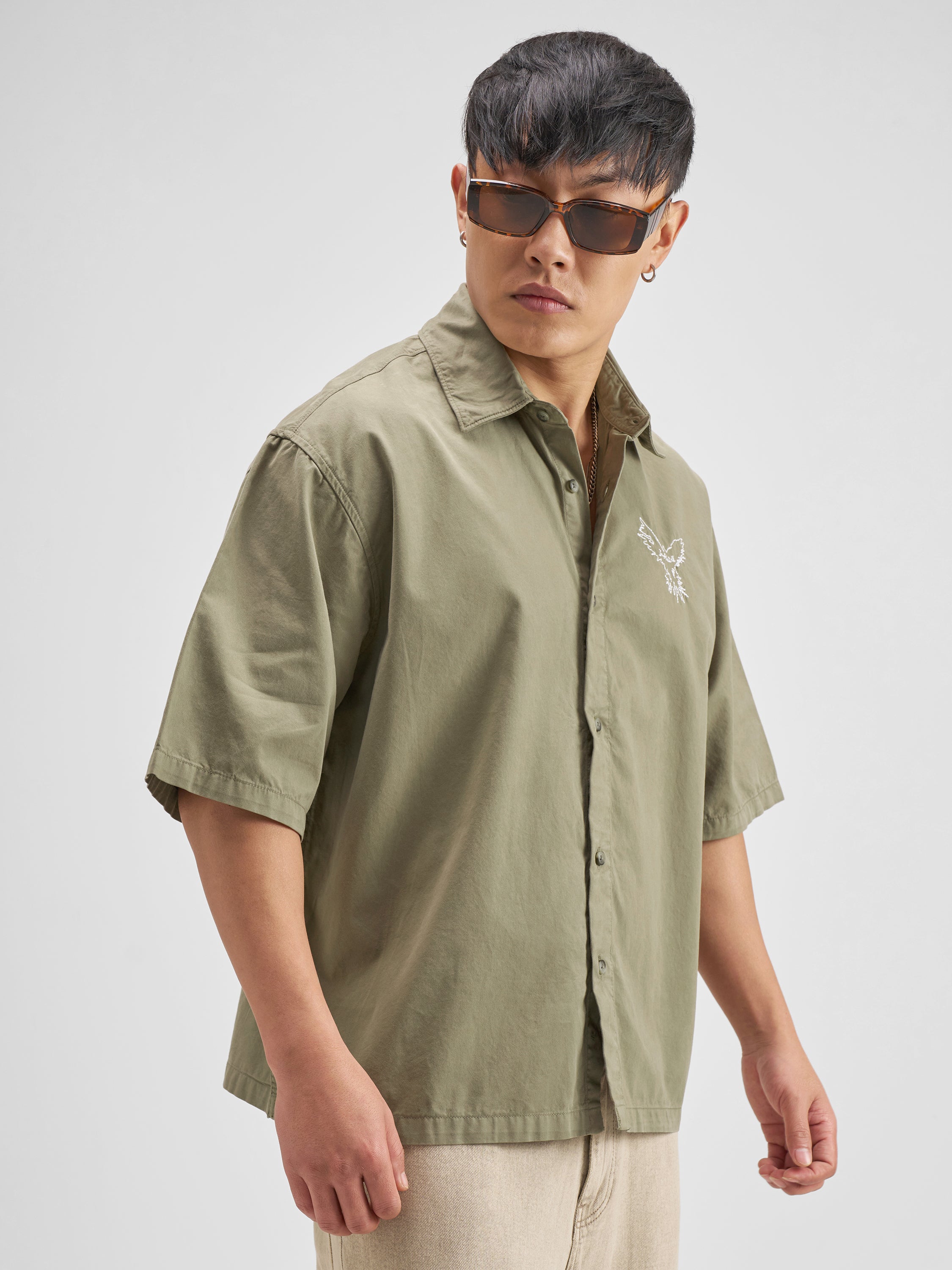 Highlander Men Olive Embroidered Boxy Fit Casual Shirt - Olive - Image 6