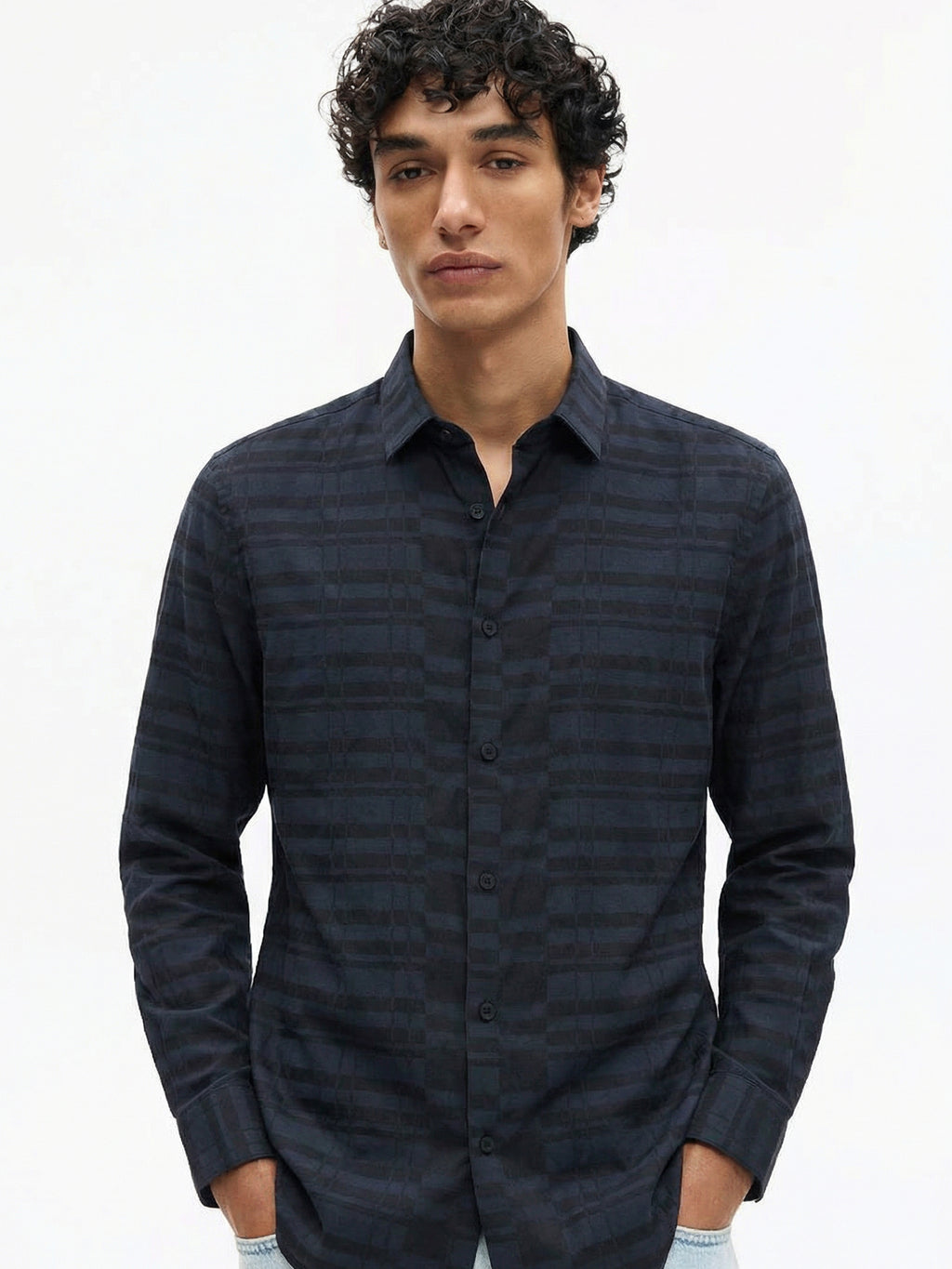 Highlander Men Black Self Design Slim Fit Casual Shirt - Black - Image 1
