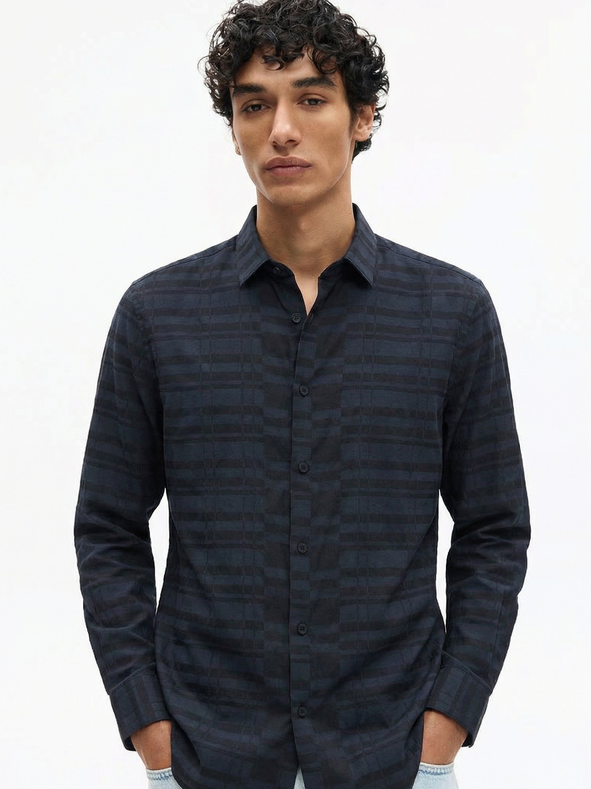 Highlander Men Black Self Design Slim Fit Casual Shirt - Black - Image 1