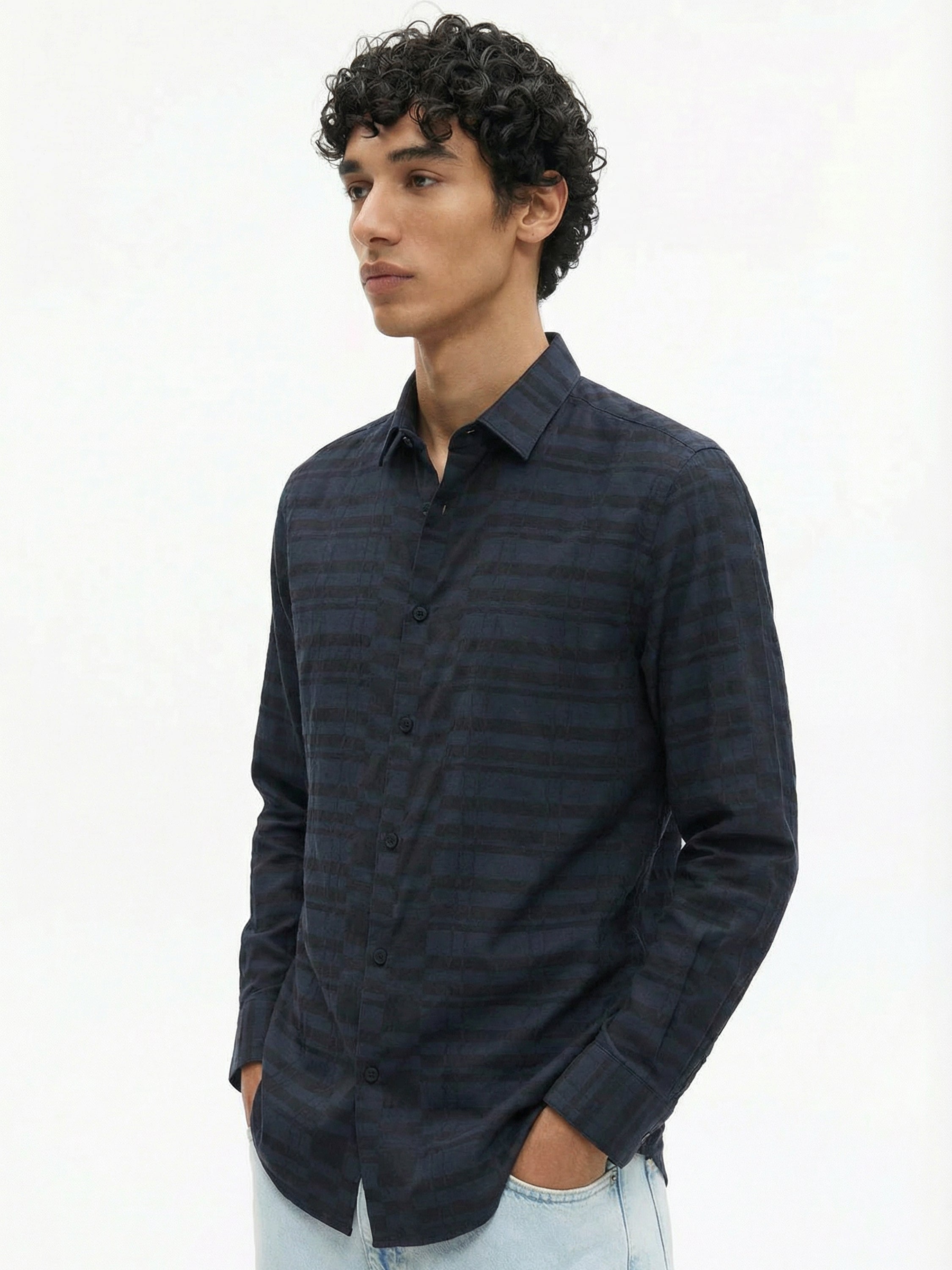 Highlander Men Black Self Design Slim Fit Casual Shirt - Black - Image 4