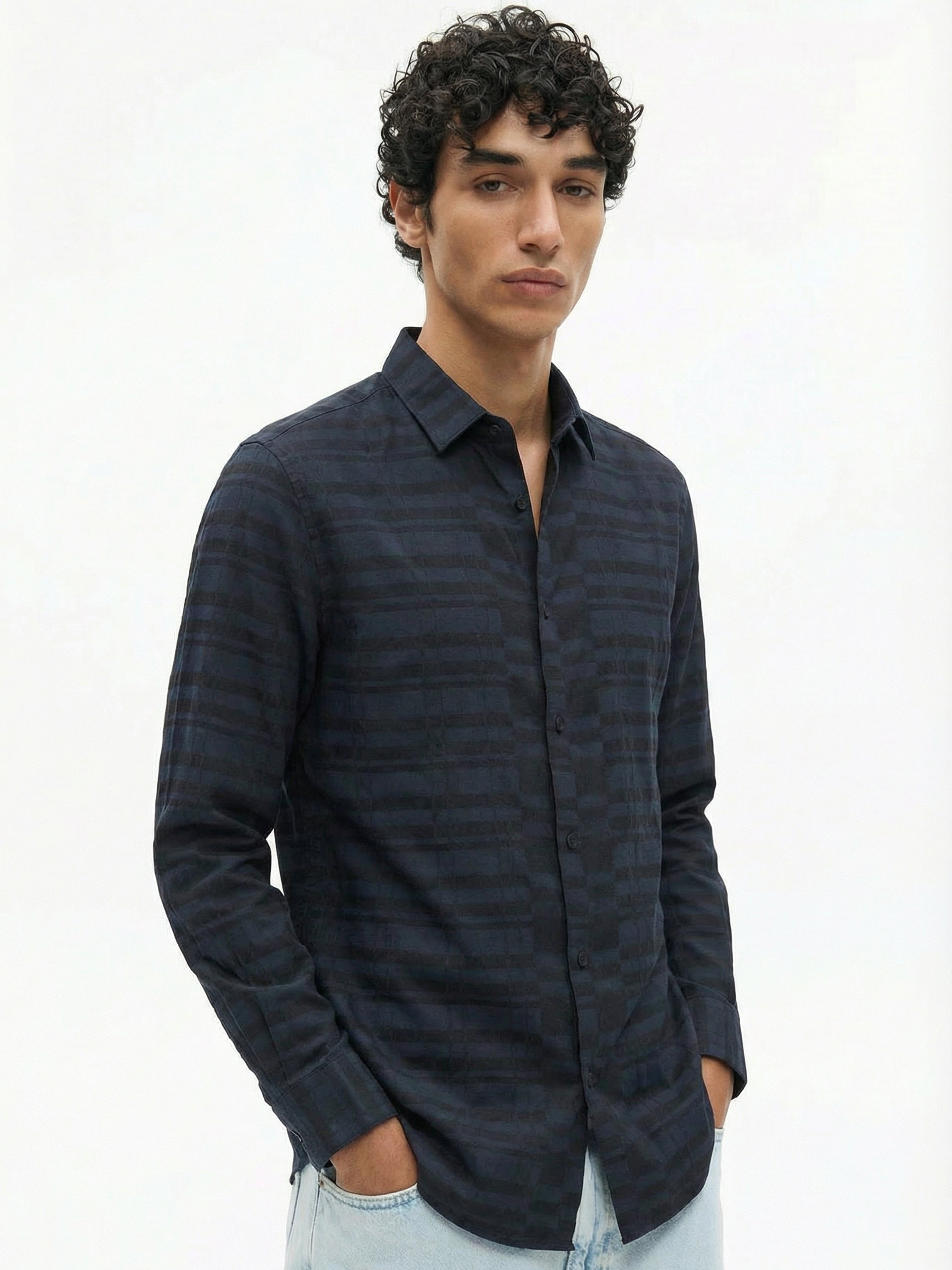 Highlander Men Black Self Design Slim Fit Casual Shirt - Black - Image 5
