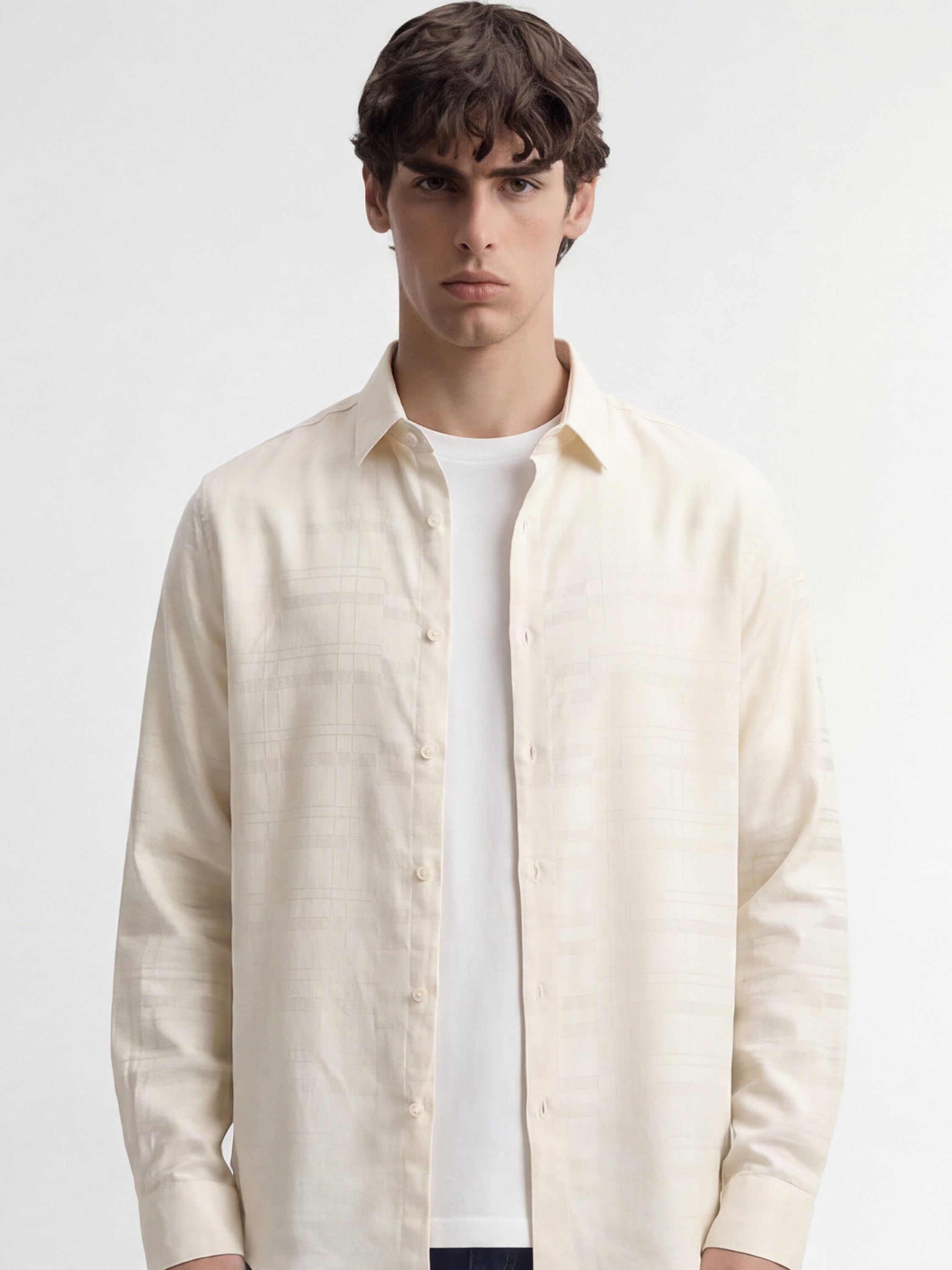 Highlander Men Cream Self Design Slim Fit Casual Shirt - Cream - Image 1