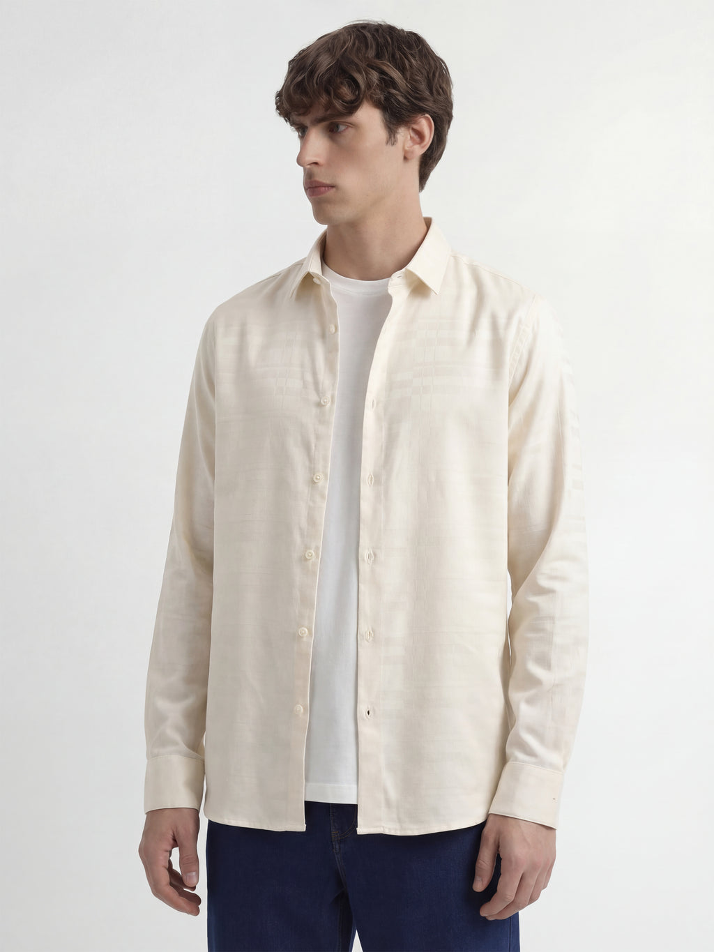 Highlander Men Cream Self Design Slim Fit Casual Shirt - Cream - Image 4