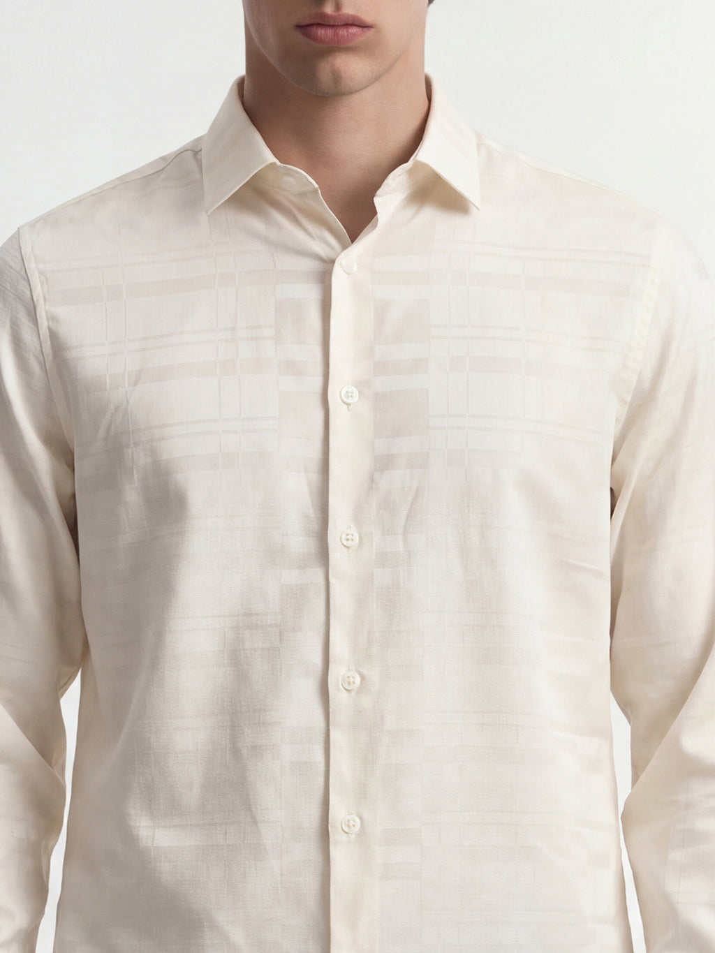 Highlander Men Cream Self Design Slim Fit Casual Shirt - Cream - Image 5