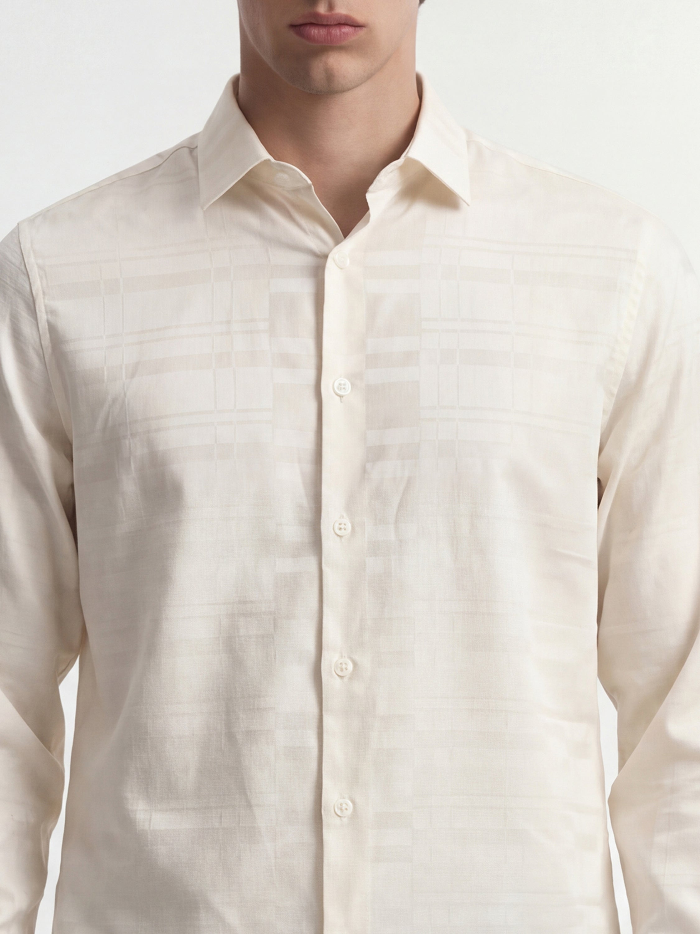 Highlander Men Cream Self Design Slim Fit Casual Shirt - Cream - Image 5