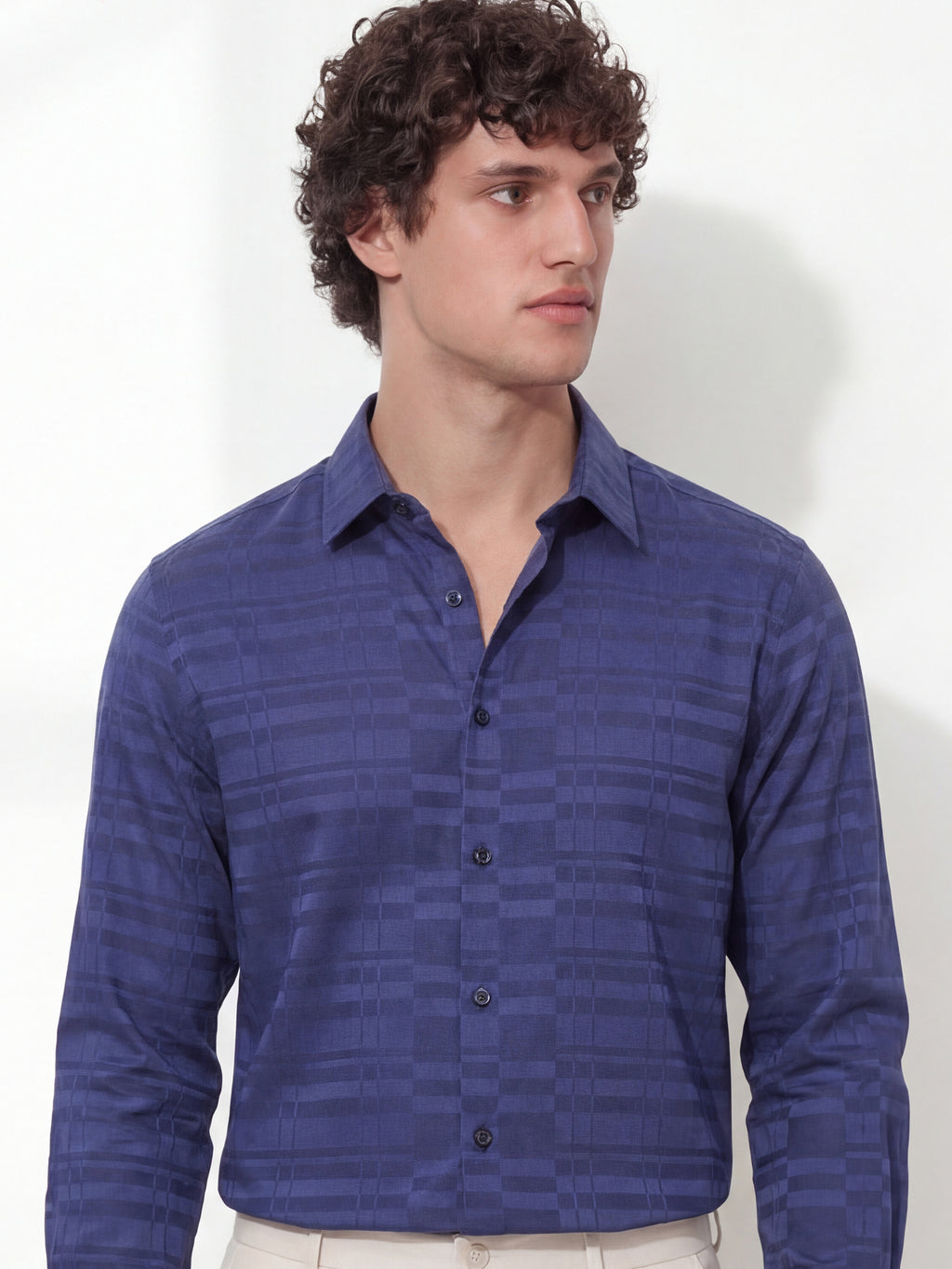 Highlander Men Navy Blue Self Design Slim Fit Casual Shirt - Navy Blue - Image 1