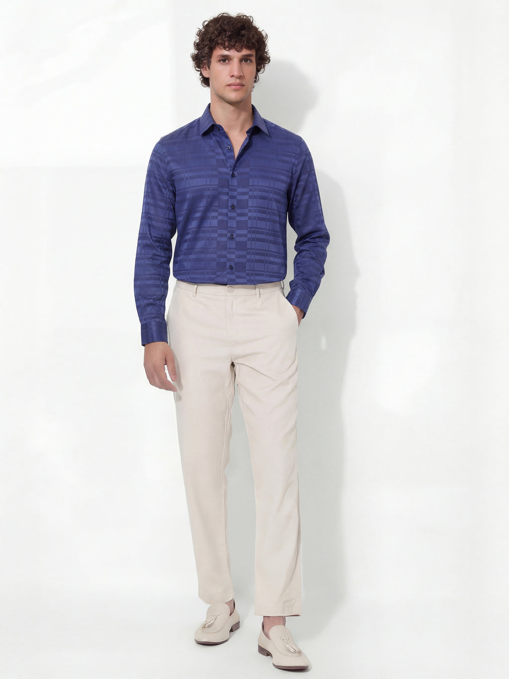 Highlander Men Navy Blue Self Design Slim Fit Casual Shirt - Navy Blue - Image 2