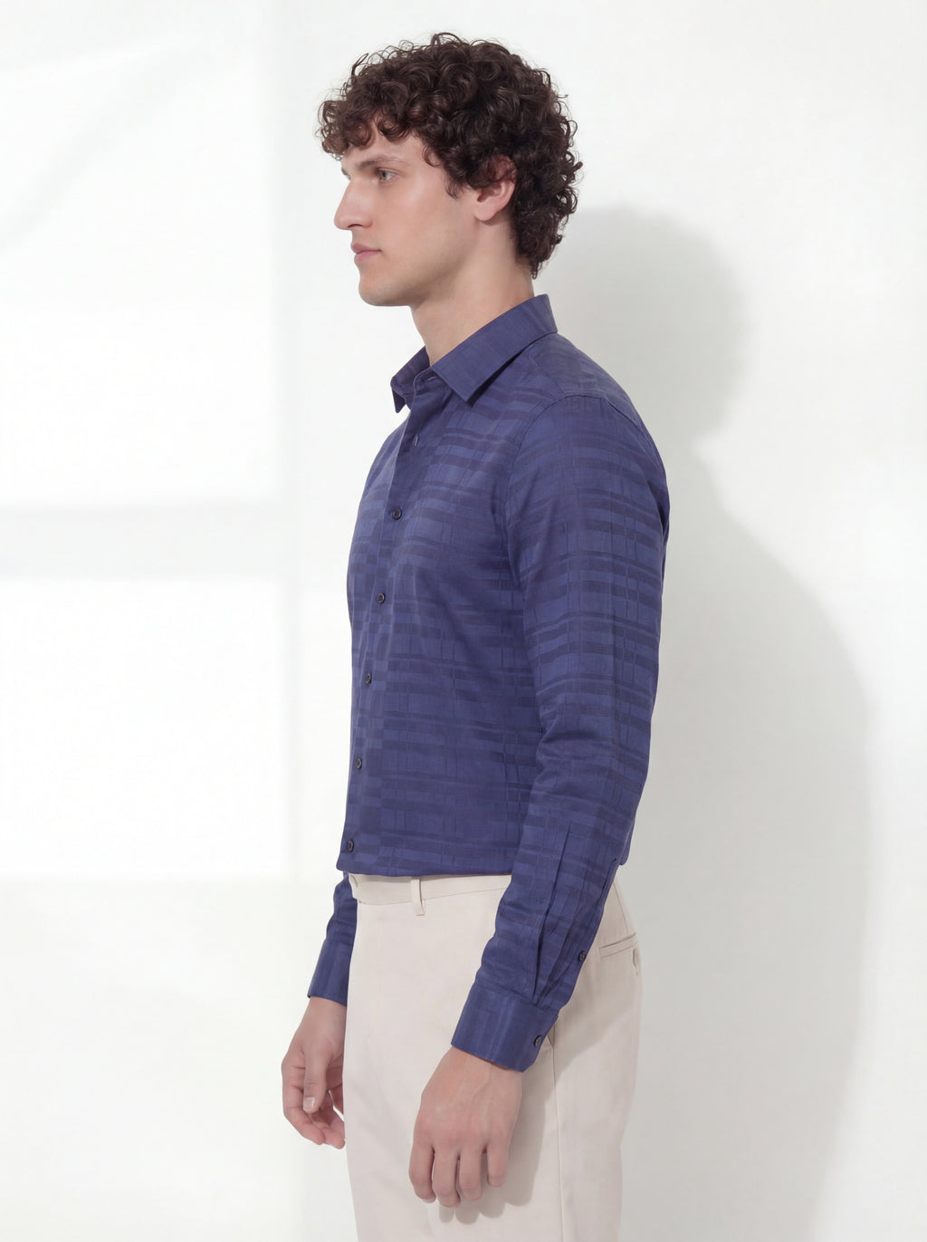 Highlander Men Navy Blue Self Design Slim Fit Casual Shirt - Navy Blue - Image 4