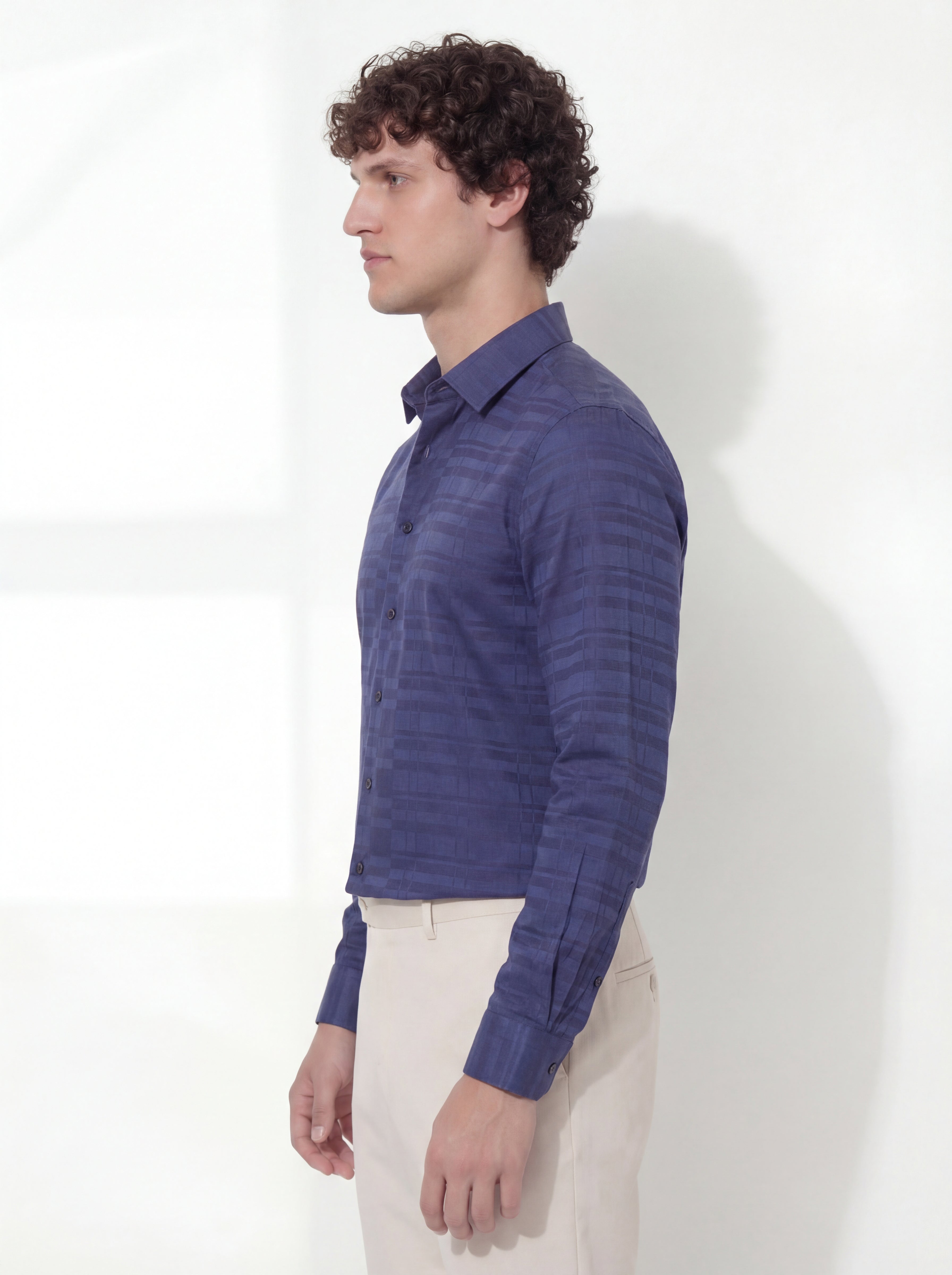 Highlander Men Navy Blue Self Design Slim Fit Casual Shirt - Navy Blue - Image 4