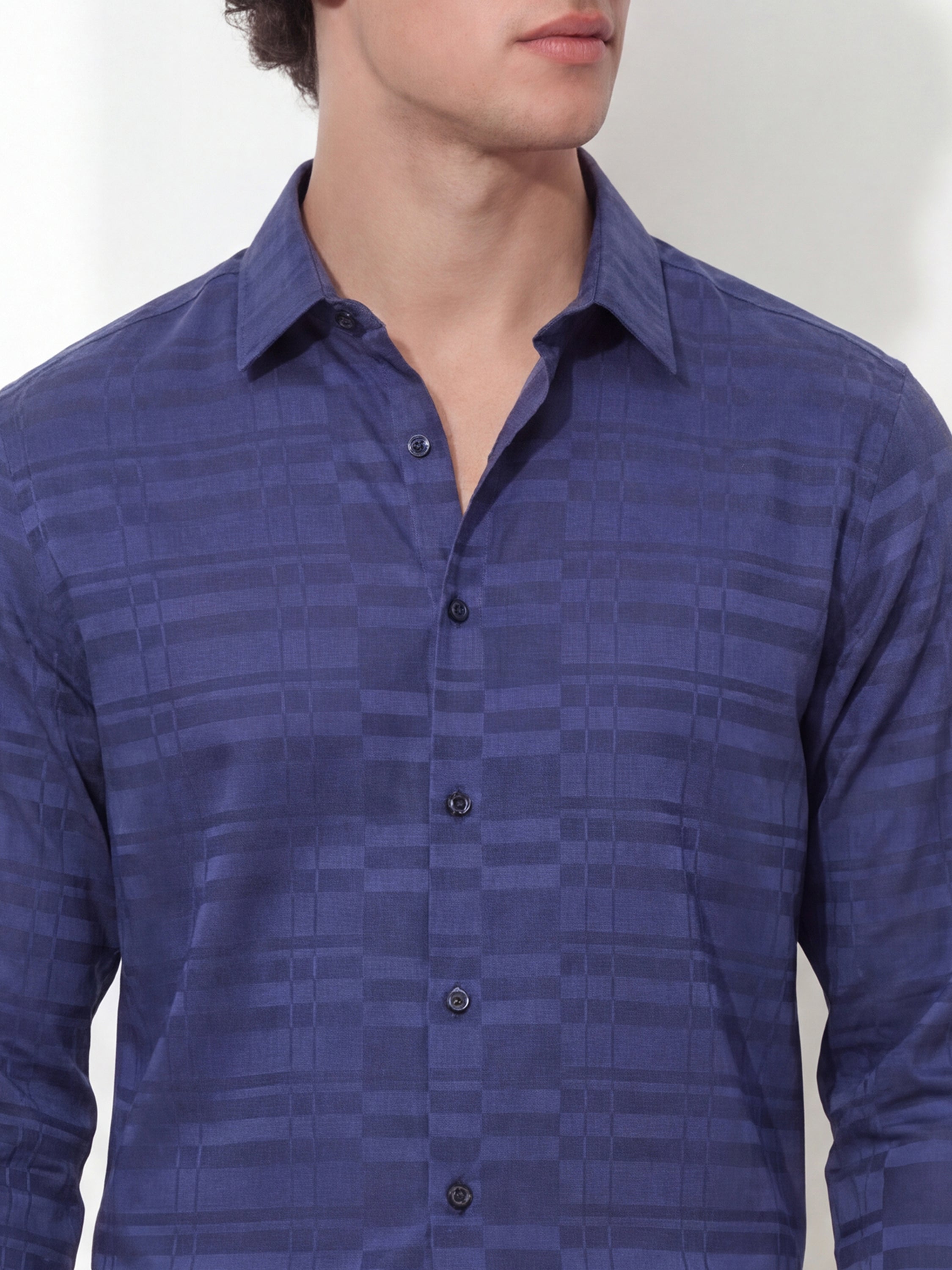 Highlander Men Navy Blue Self Design Slim Fit Casual Shirt - Navy Blue - Image 5
