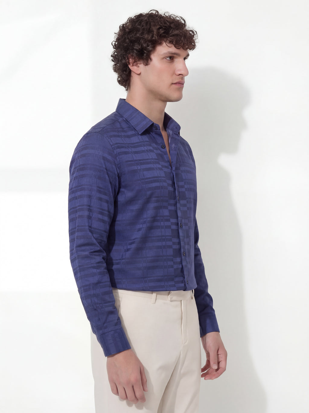 Highlander Men Navy Blue Self Design Slim Fit Casual Shirt - Navy Blue - Image 6
