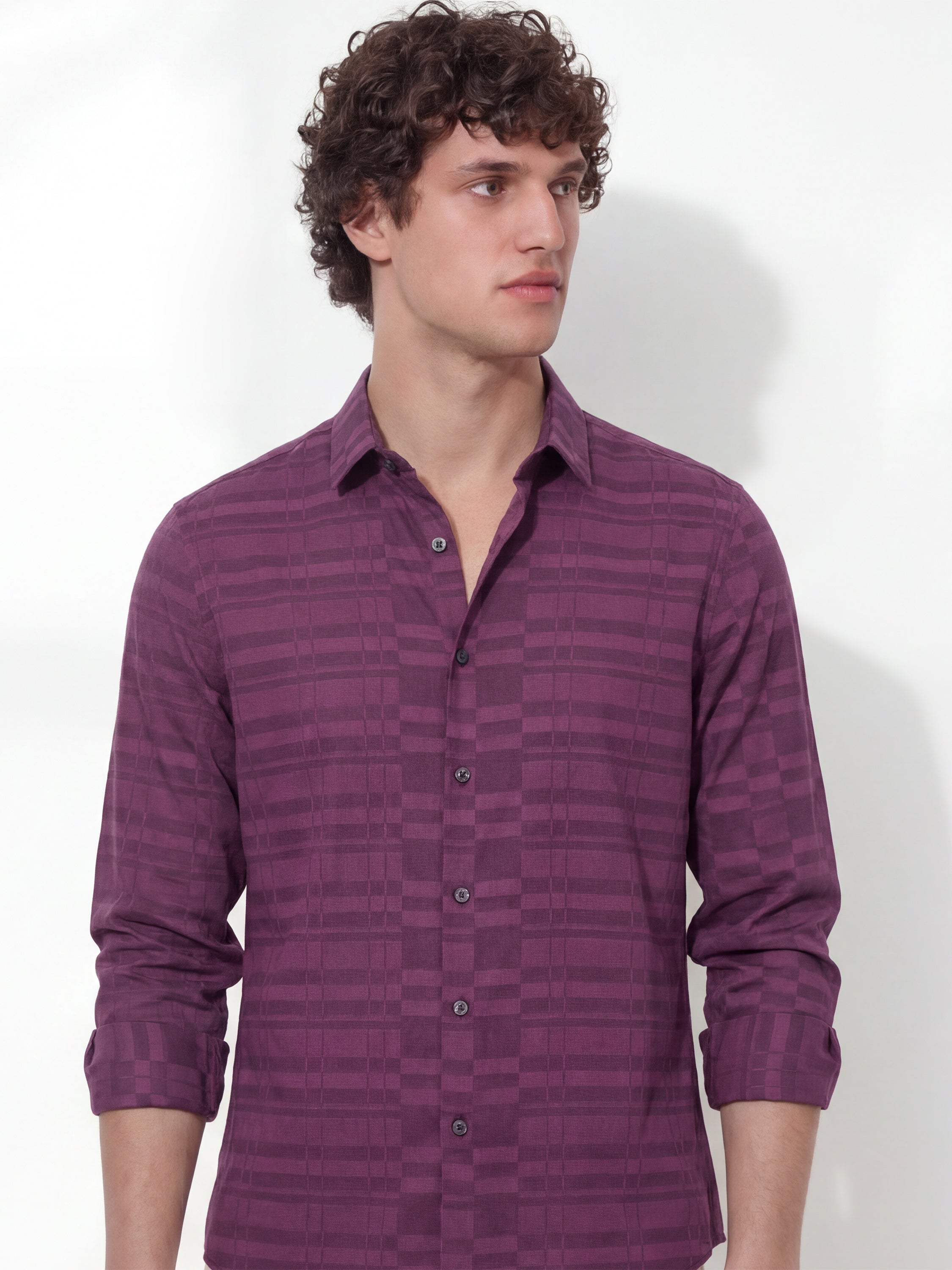 Highlander Men Burgundy Self Design Slim Fit Casual Shirt - Burgundy - Image 1