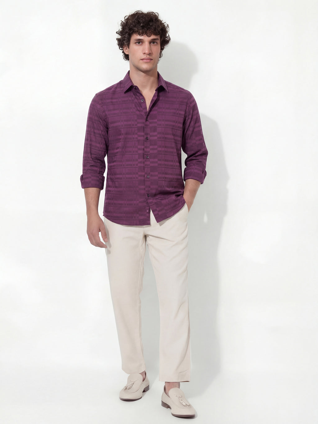 Highlander Men Burgundy Self Design Slim Fit Casual Shirt - Burgundy - Image 2