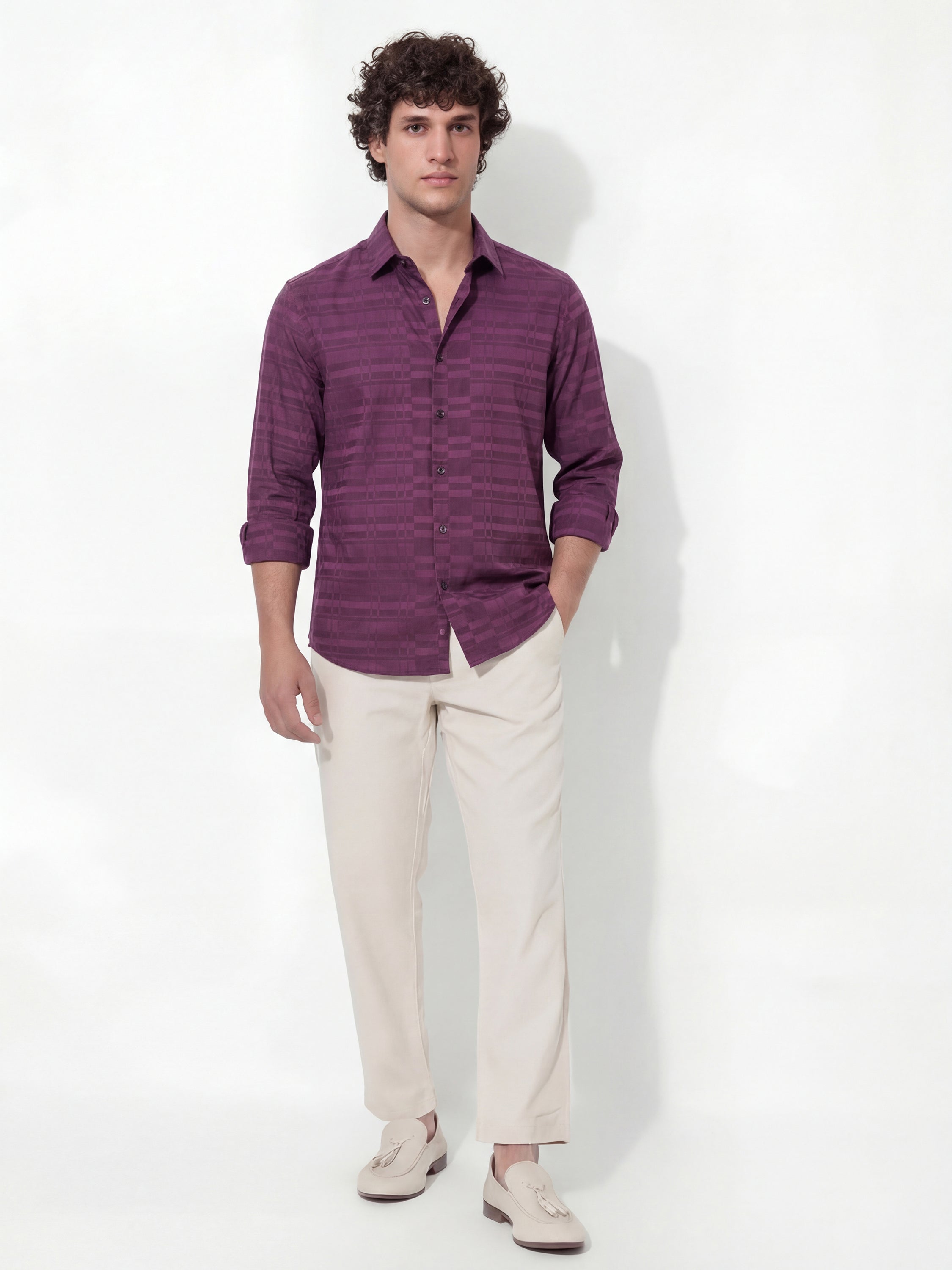 Highlander Men Burgundy Self Design Slim Fit Casual Shirt - Burgundy - Image 2