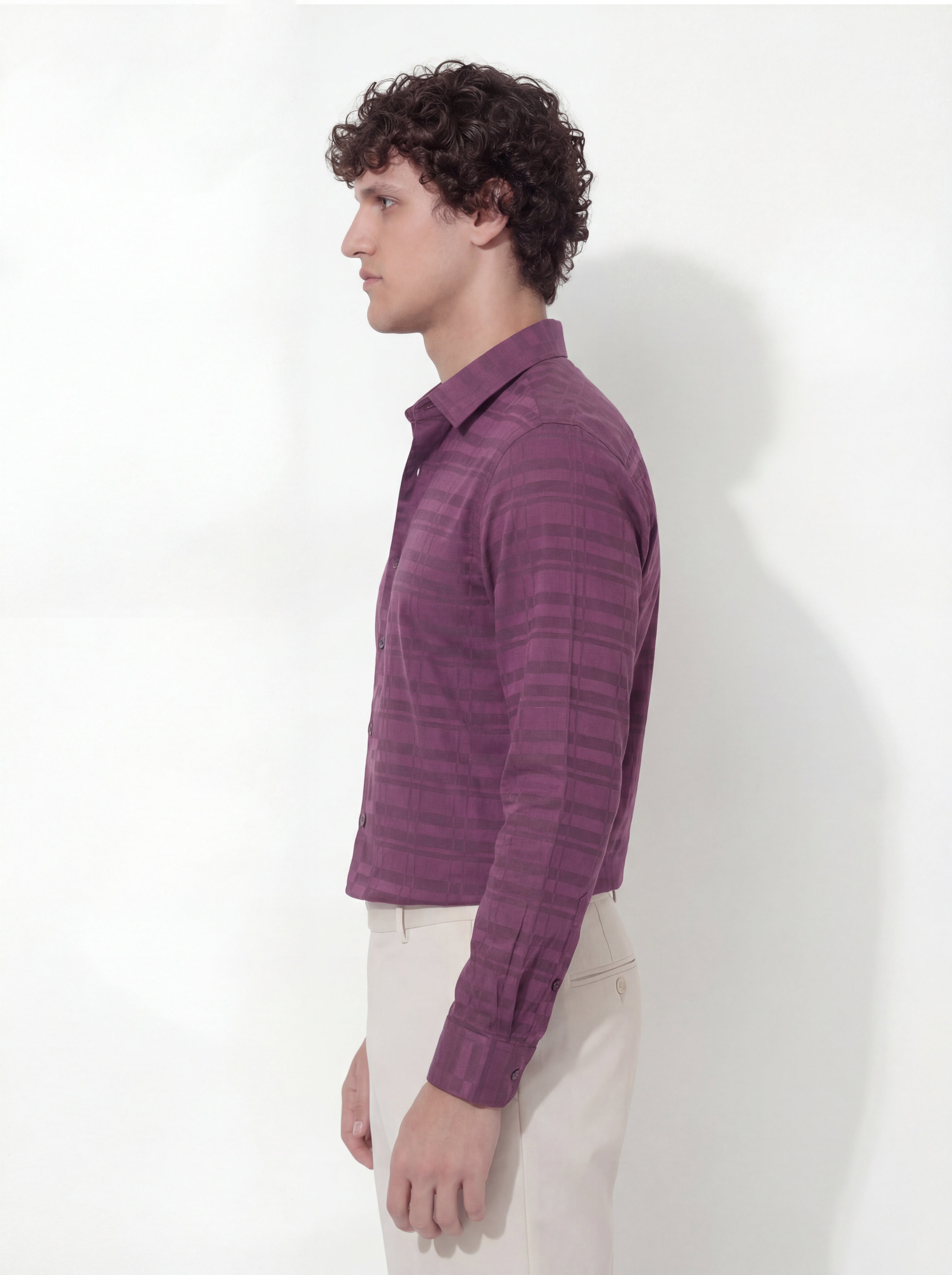 Highlander Men Burgundy Self Design Slim Fit Casual Shirt - Burgundy - Image 4