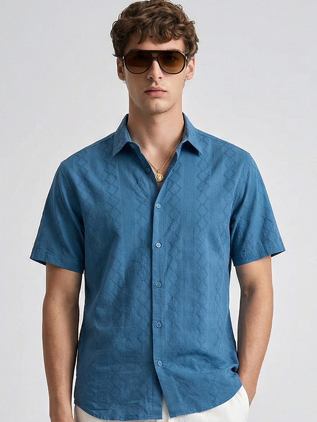 Highlander Men Blue Self Design Relaxed Fit Casual Shirt - Blue - Image 1