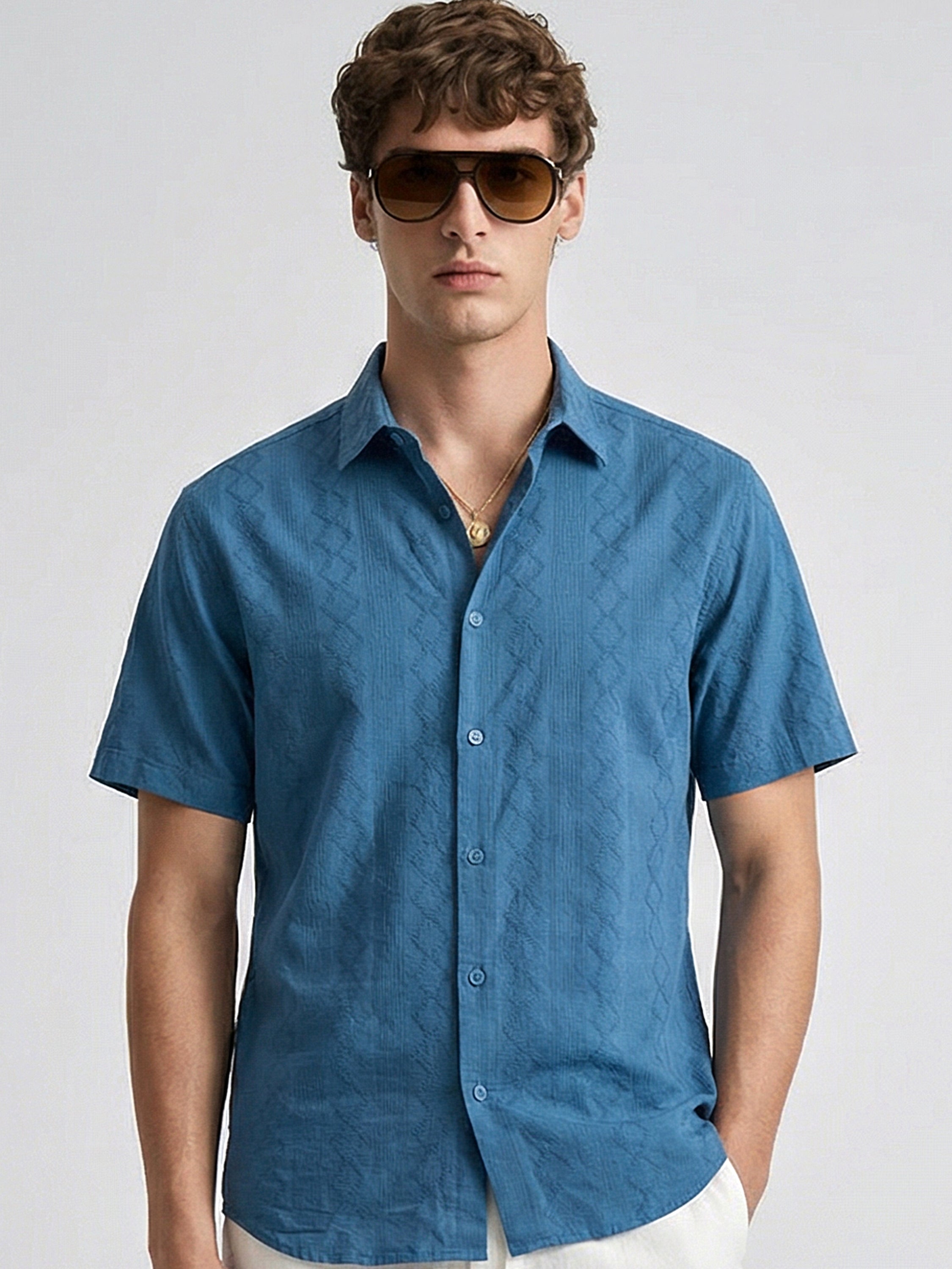 Highlander Men Blue Self Design Relaxed Fit Casual Shirt - Blue - Image 1