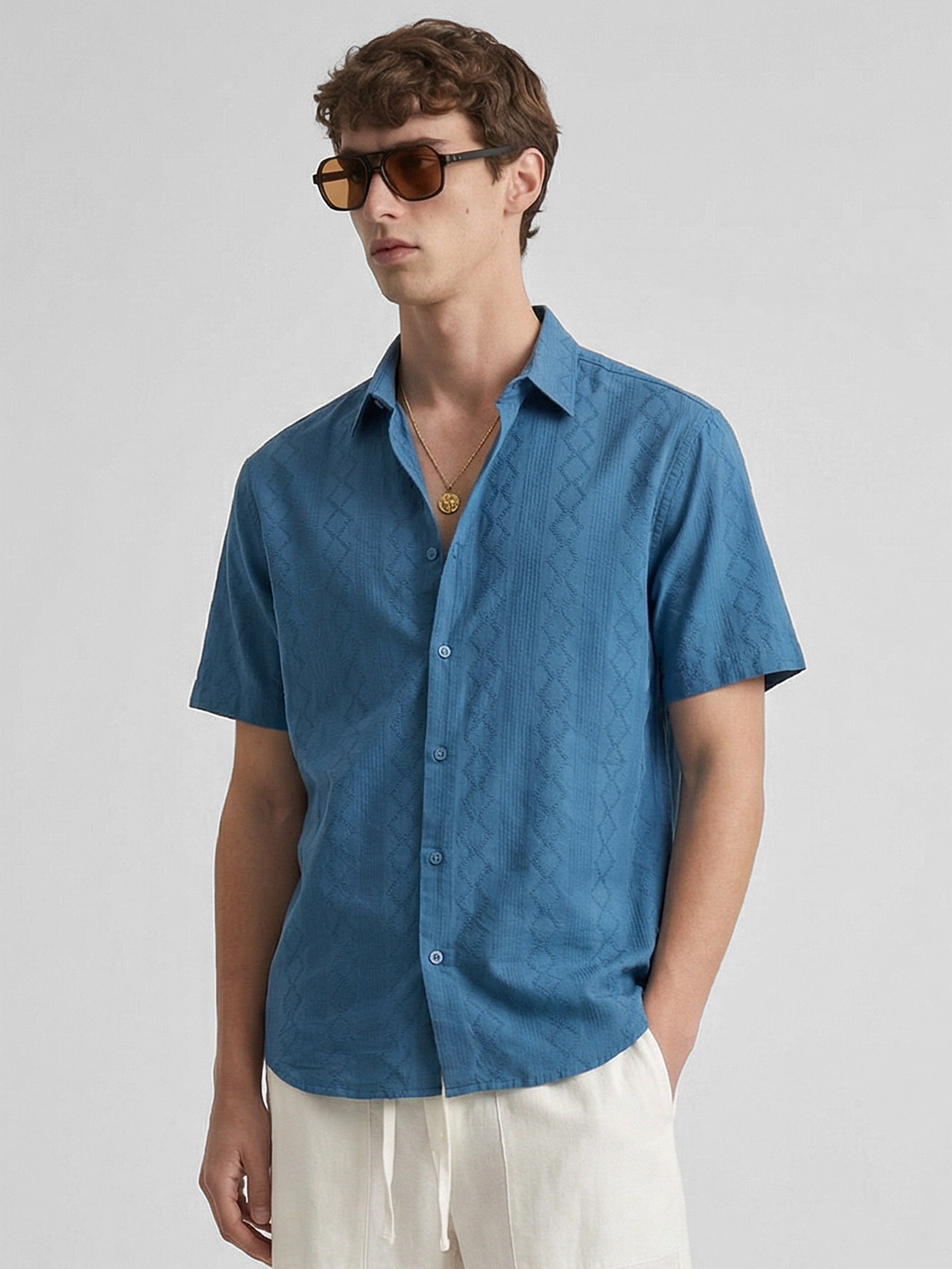 Highlander Men Blue Self Design Relaxed Fit Casual Shirt - Blue - Image 4