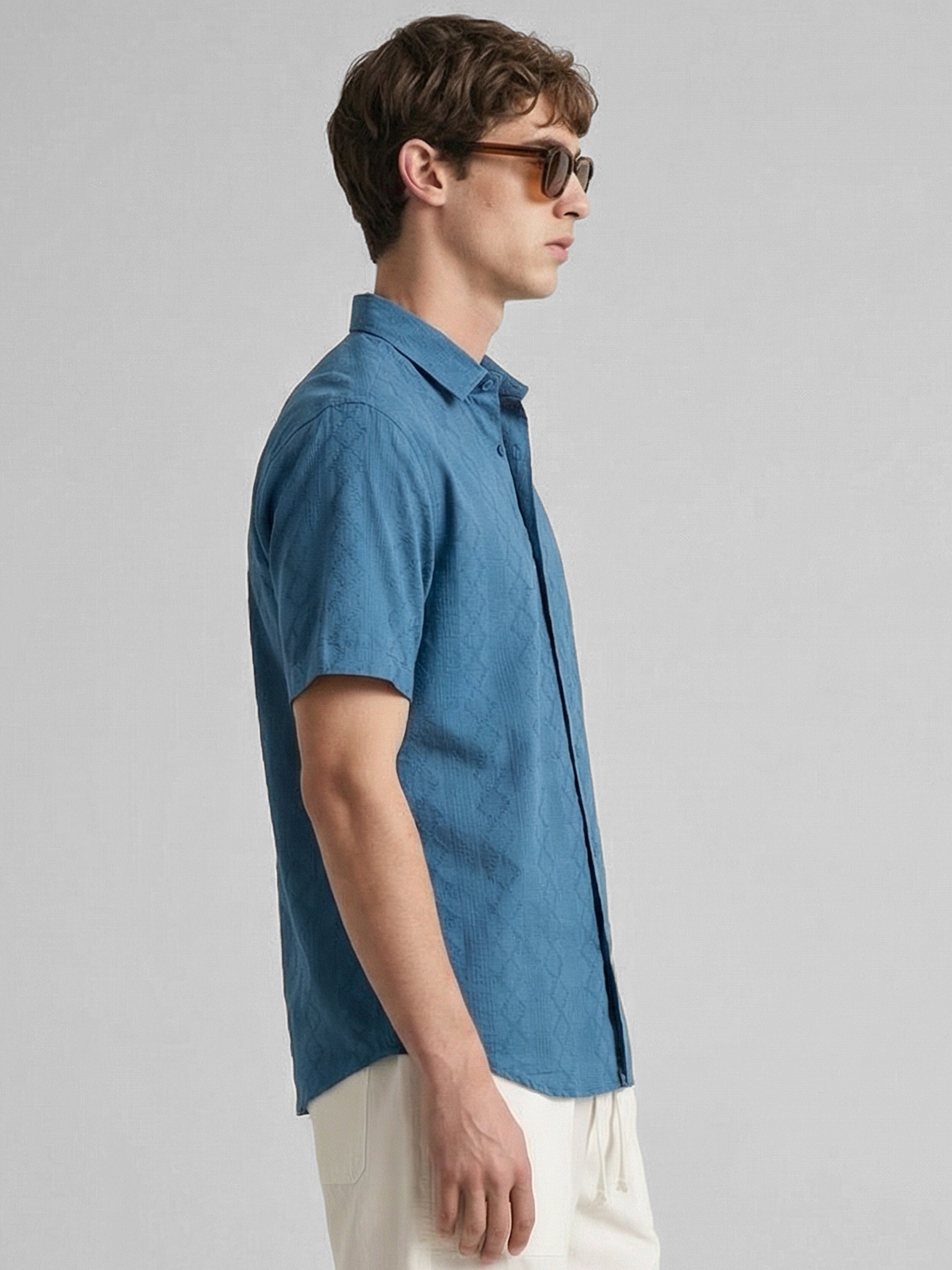 Highlander Men Blue Self Design Relaxed Fit Casual Shirt - Blue - Image 5