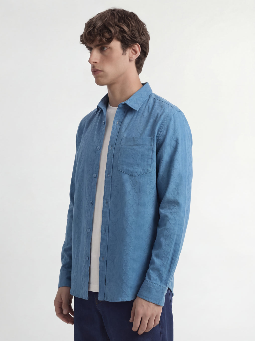 Highlander Men Blue Self Design Regular Fit Casual Shirt - Blue - Image 4