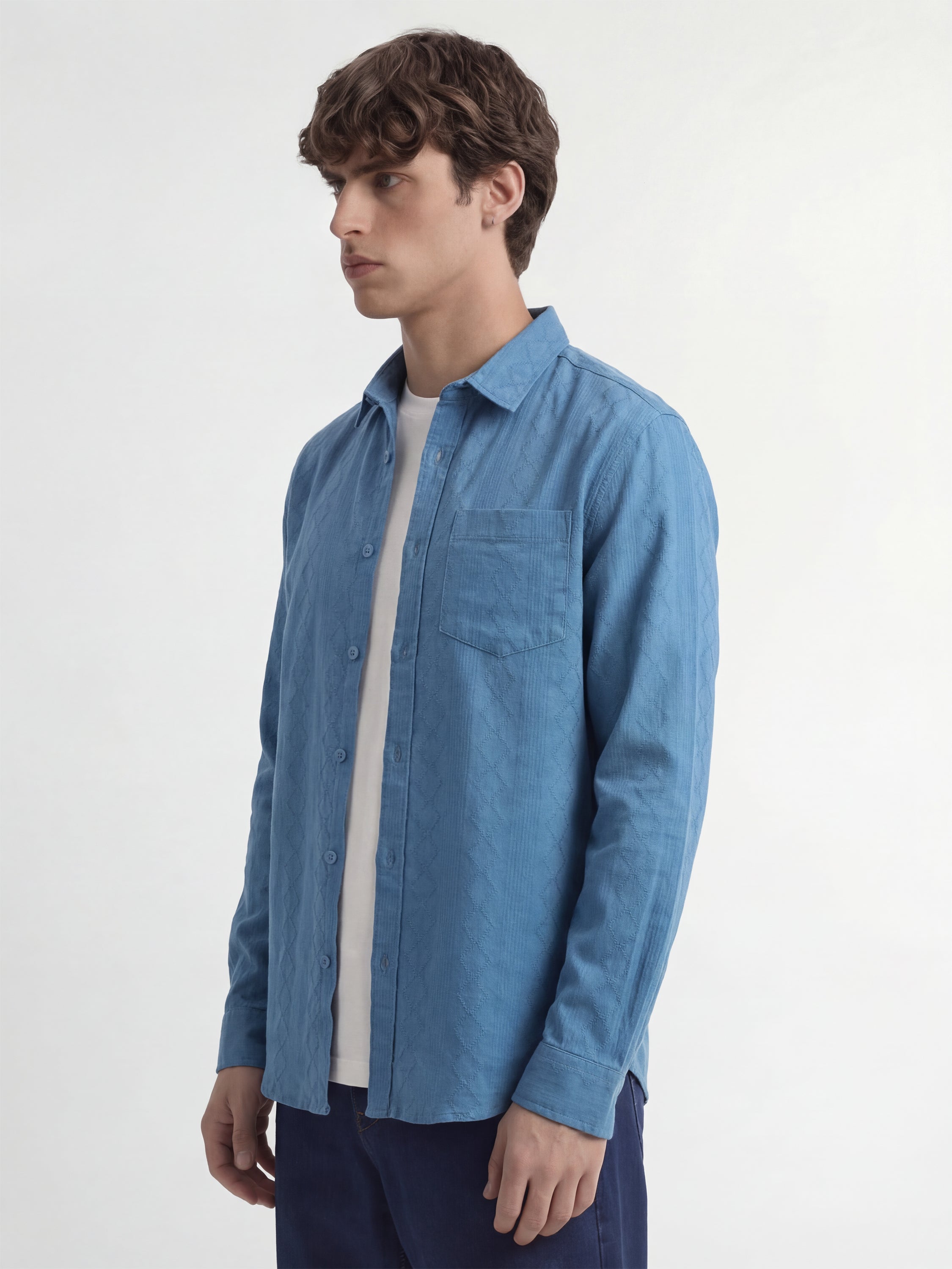 Highlander Men Blue Self Design Regular Fit Casual Shirt - Blue - Image 4