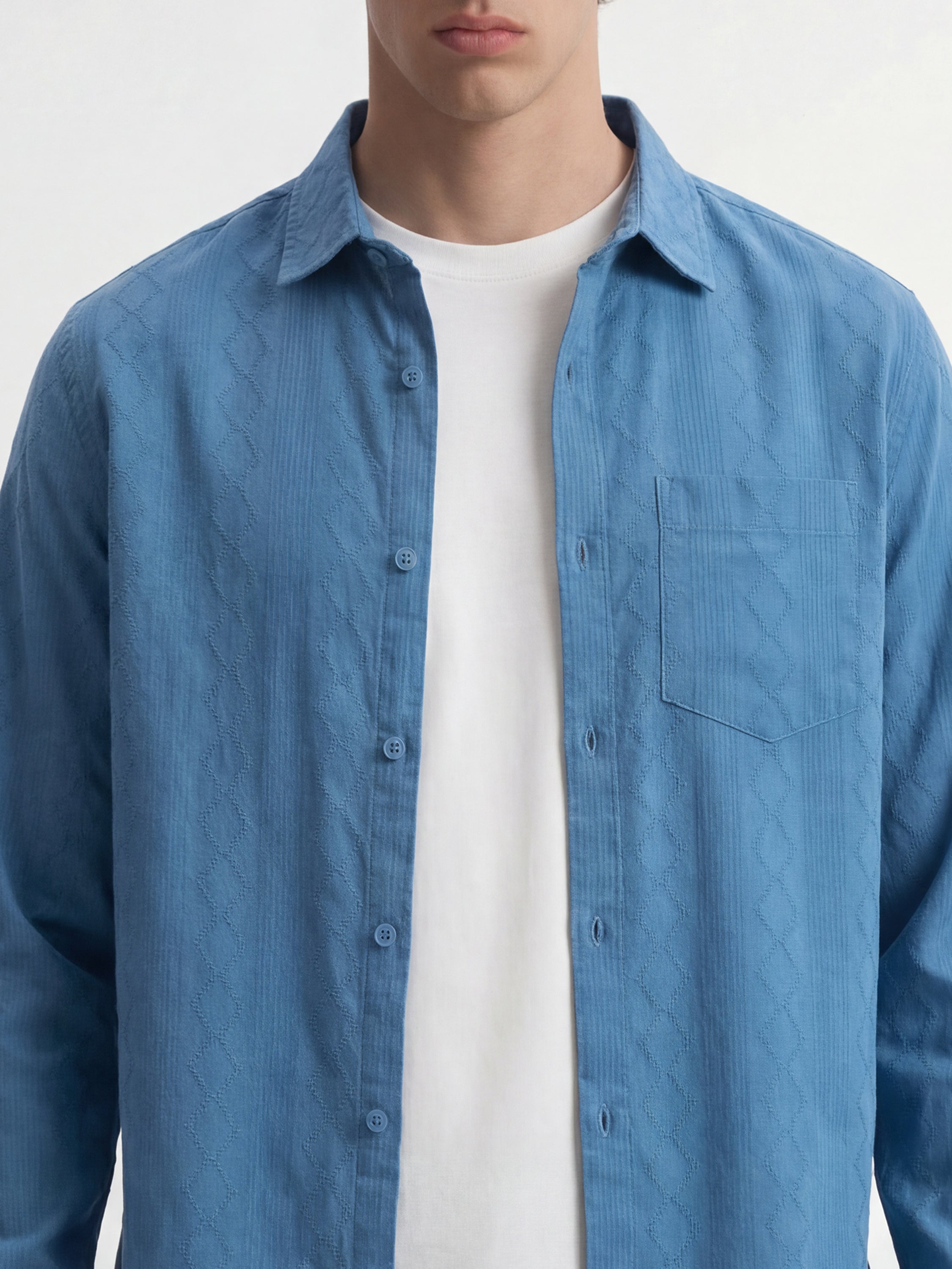 Highlander Men Blue Self Design Regular Fit Casual Shirt - Blue - Image 5