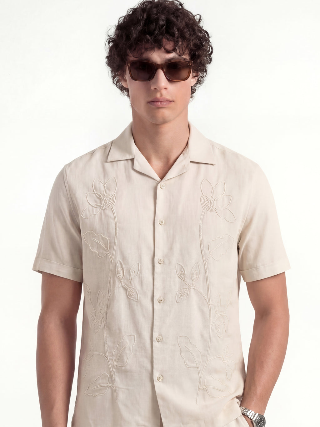 Highlander Men Beige Embroidered Relaxed Fit Casual Shirt - Beige - Image 1