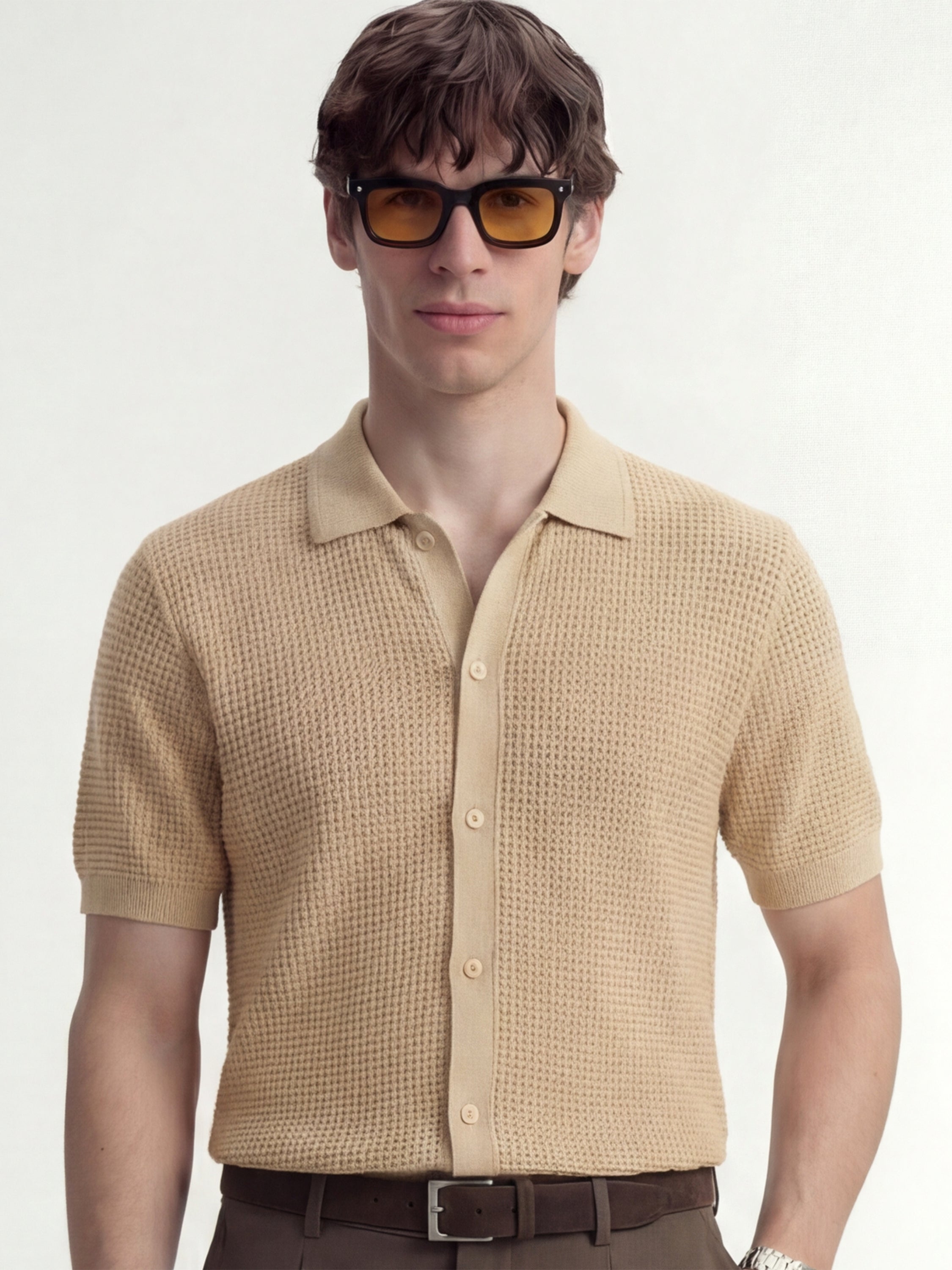 Highlander Men Beige Self Design Relaxed Fit Casual Shirt - Beige - Image 1