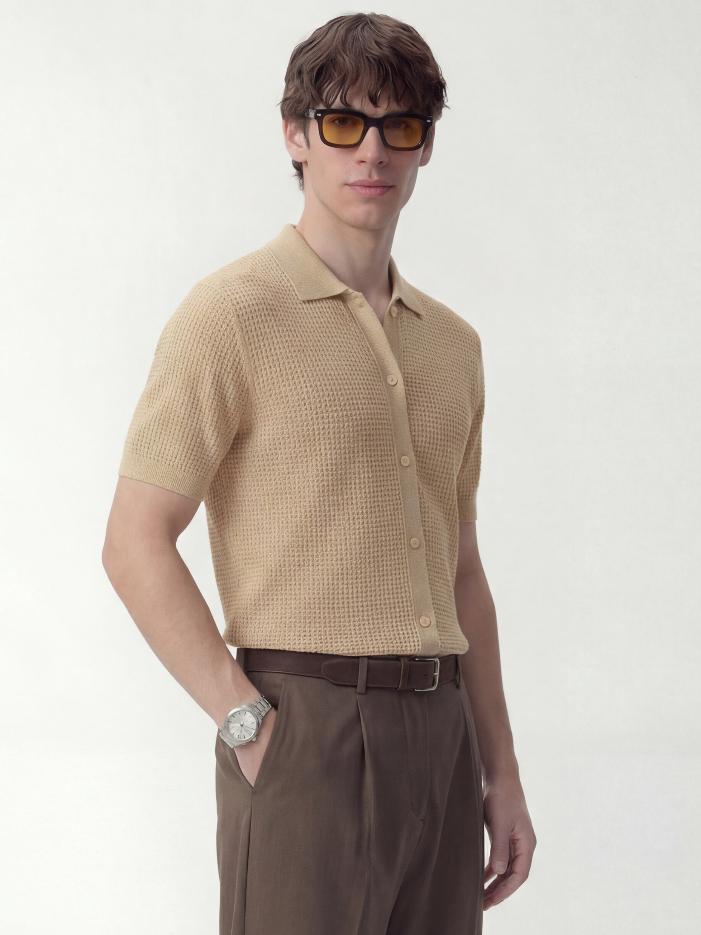 Highlander Men Beige Self Design Relaxed Fit Casual Shirt - Beige - Image 4