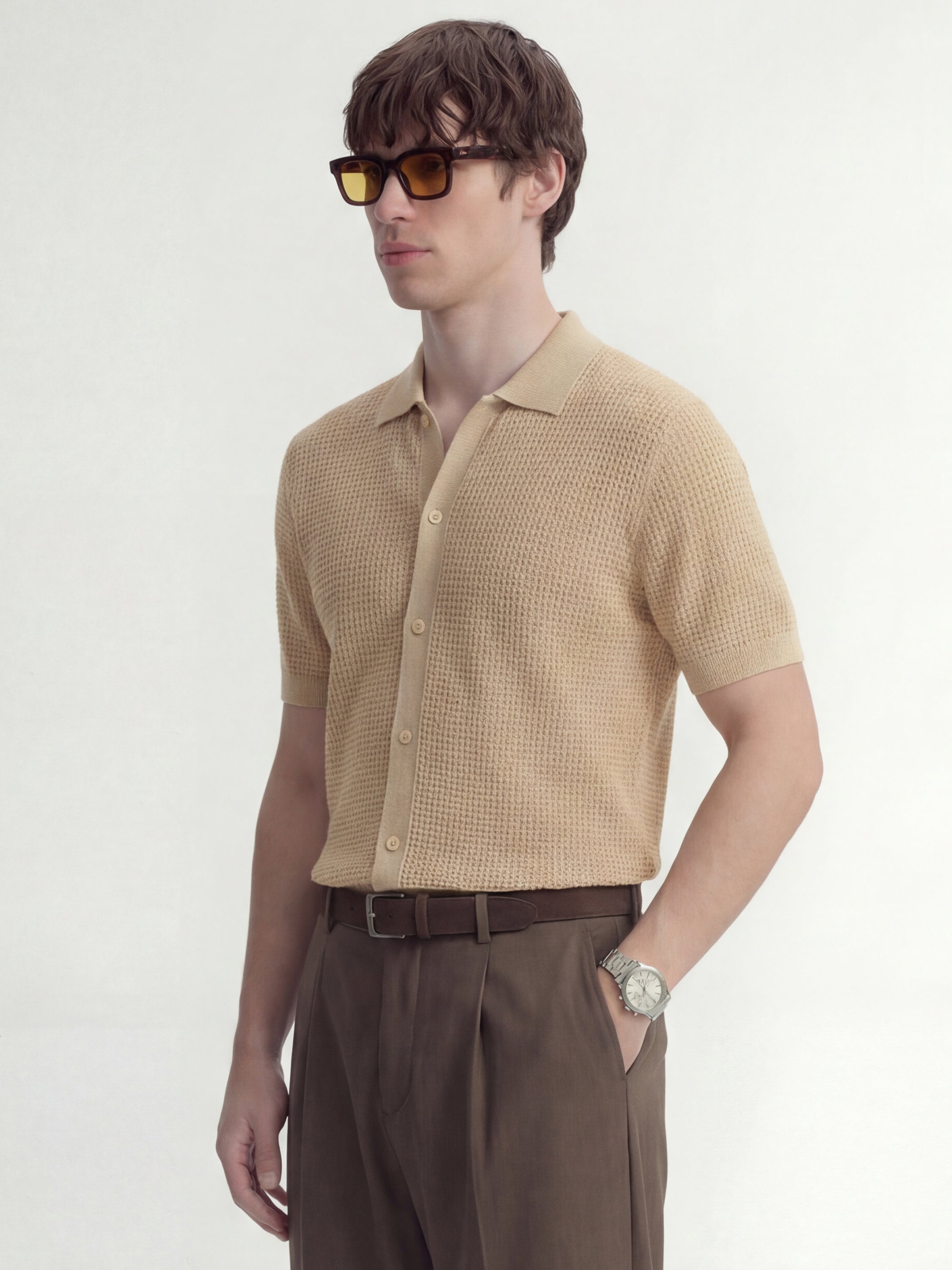 Highlander Men Beige Self Design Relaxed Fit Casual Shirt - Beige - Image 6