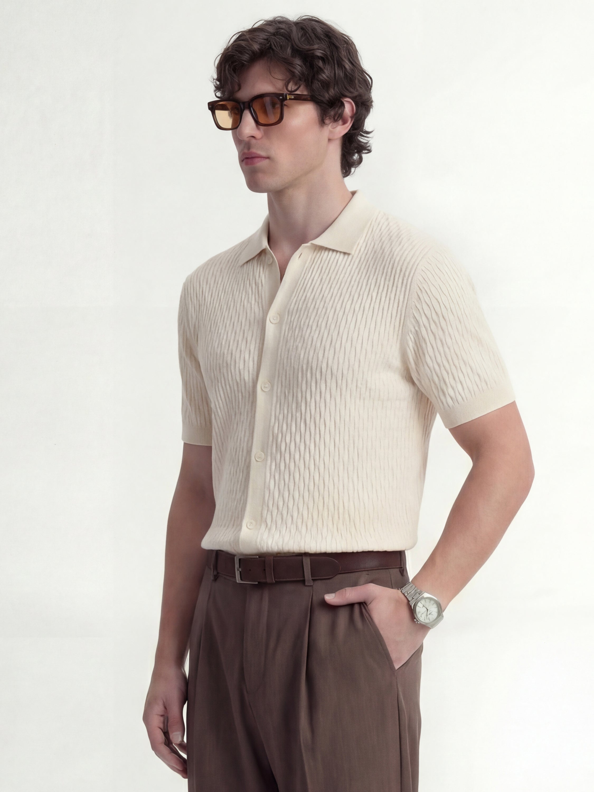 Highlander Men Off White Self Design Relaxed Fit Casual Shirt - Off White - Image 4