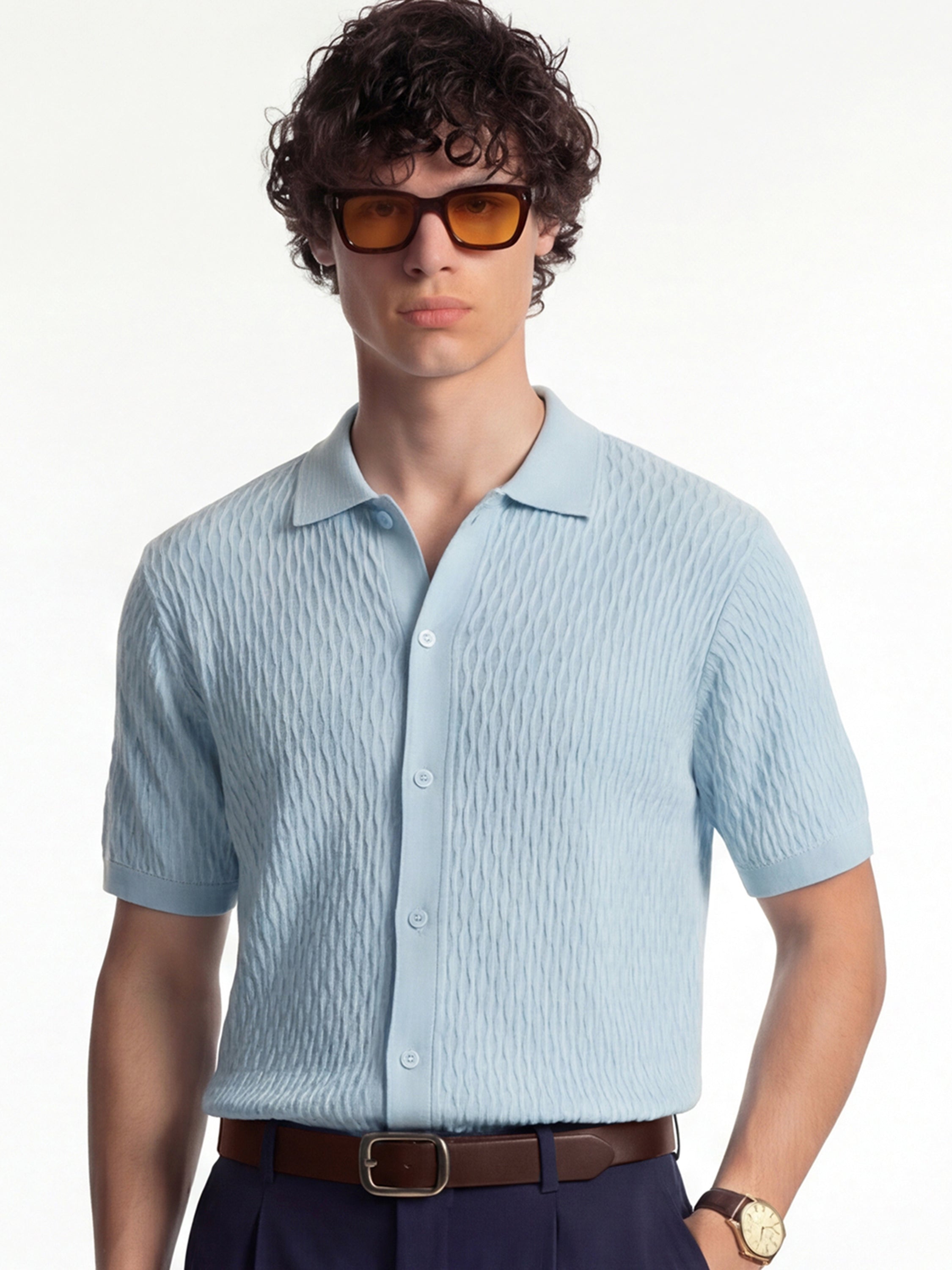 Highlander Men Blue Self Design Relaxed Fit Casual Shirt - Blue - Image 1