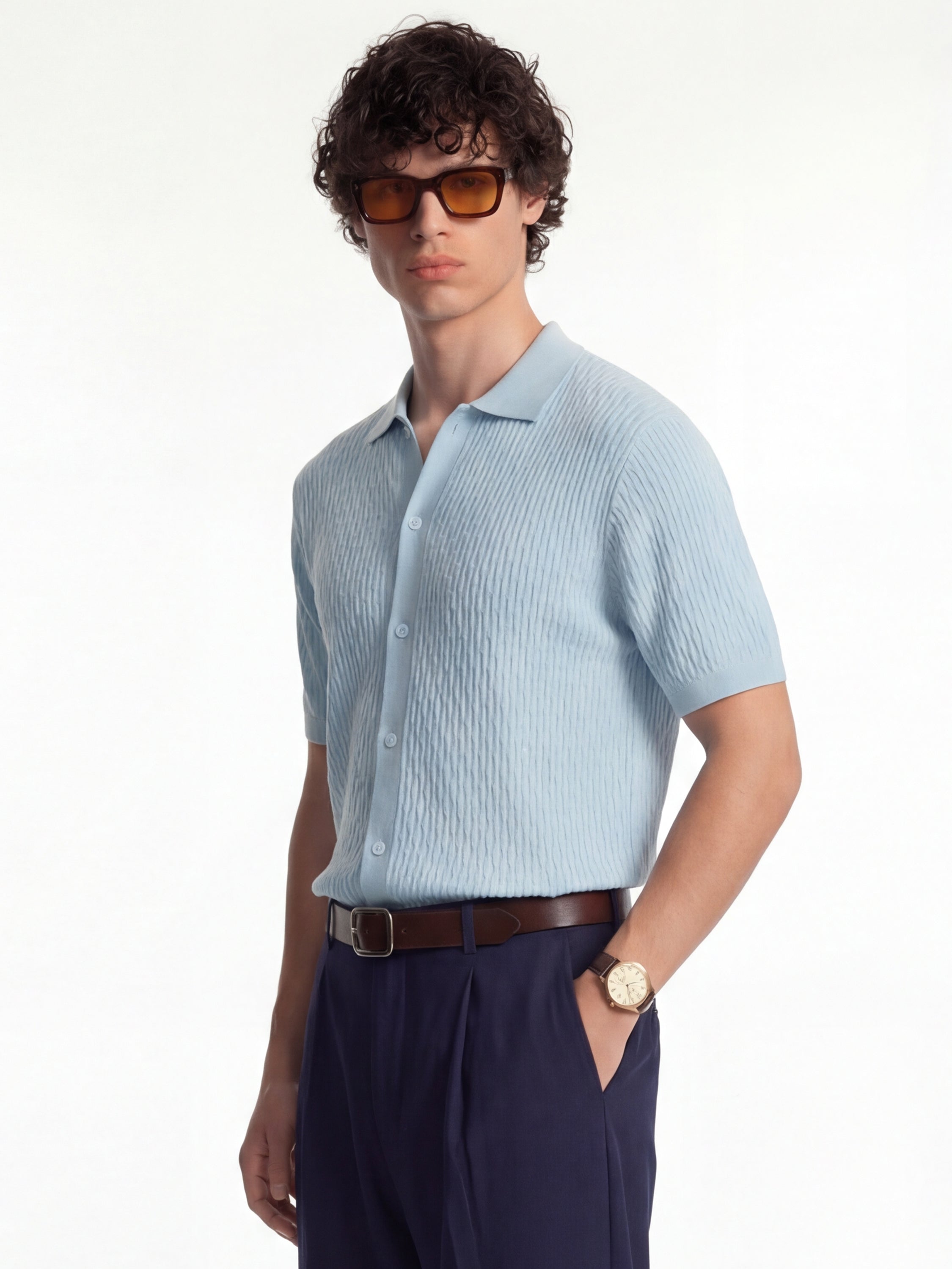 Highlander Men Blue Self Design Relaxed Fit Casual Shirt - Blue - Image 4