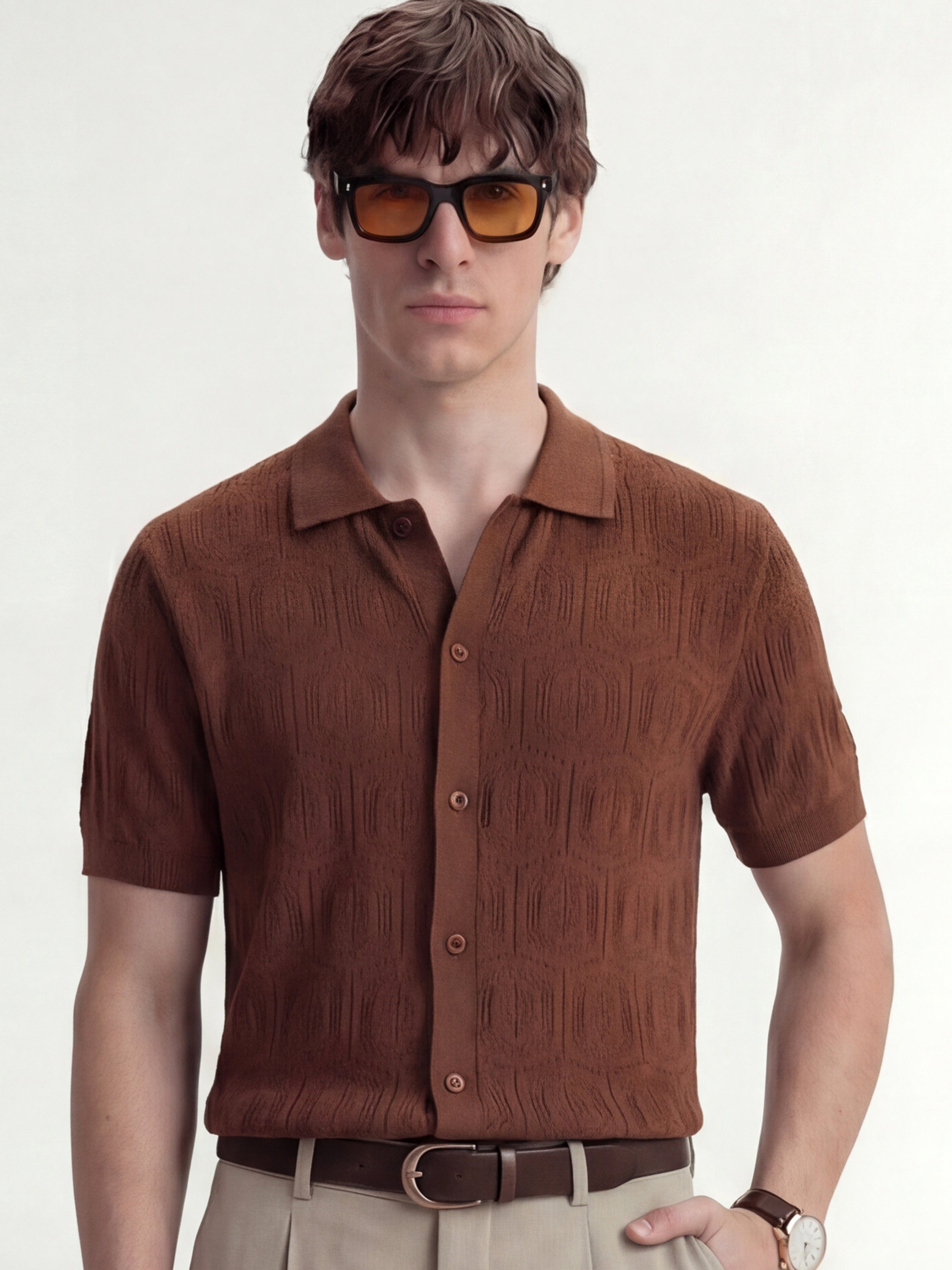 Highlander Men Brown Self Design Relaxed Fit Casual Shirt - Brown - Image 1