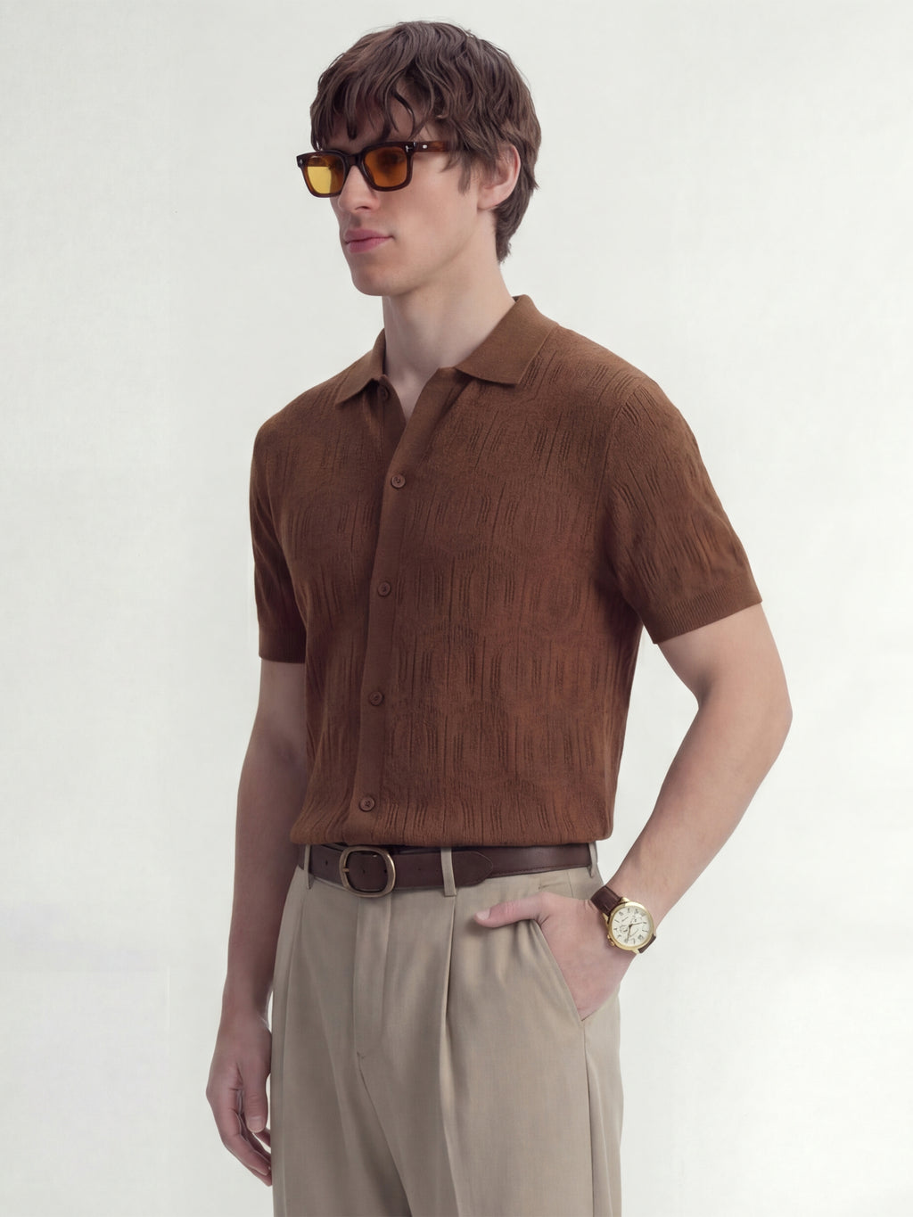 Highlander Men Brown Self Design Relaxed Fit Casual Shirt - Brown - Image 4