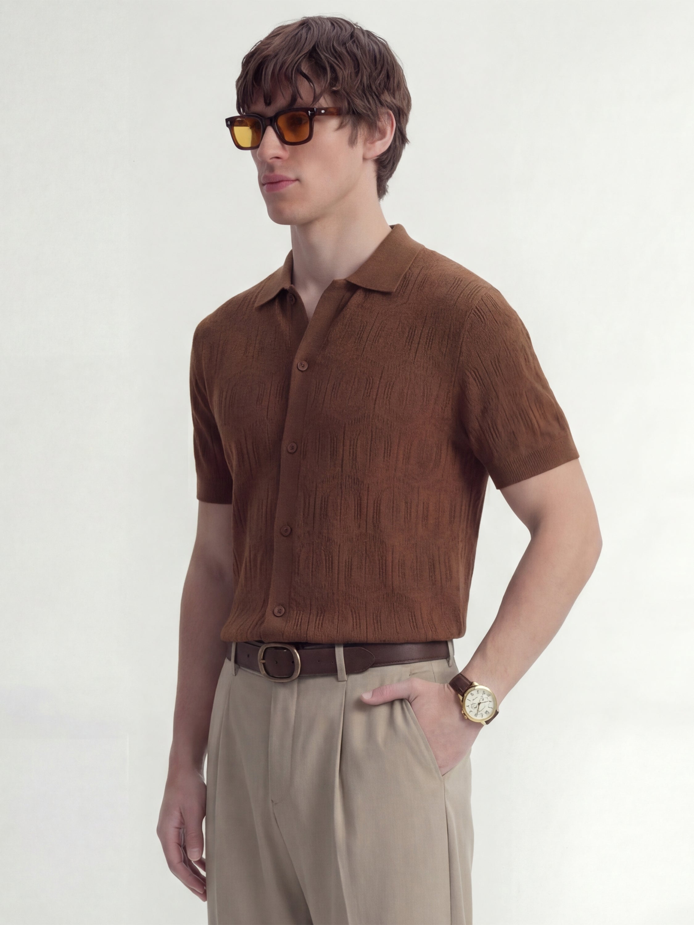Highlander Men Brown Self Design Relaxed Fit Casual Shirt - Brown - Image 4