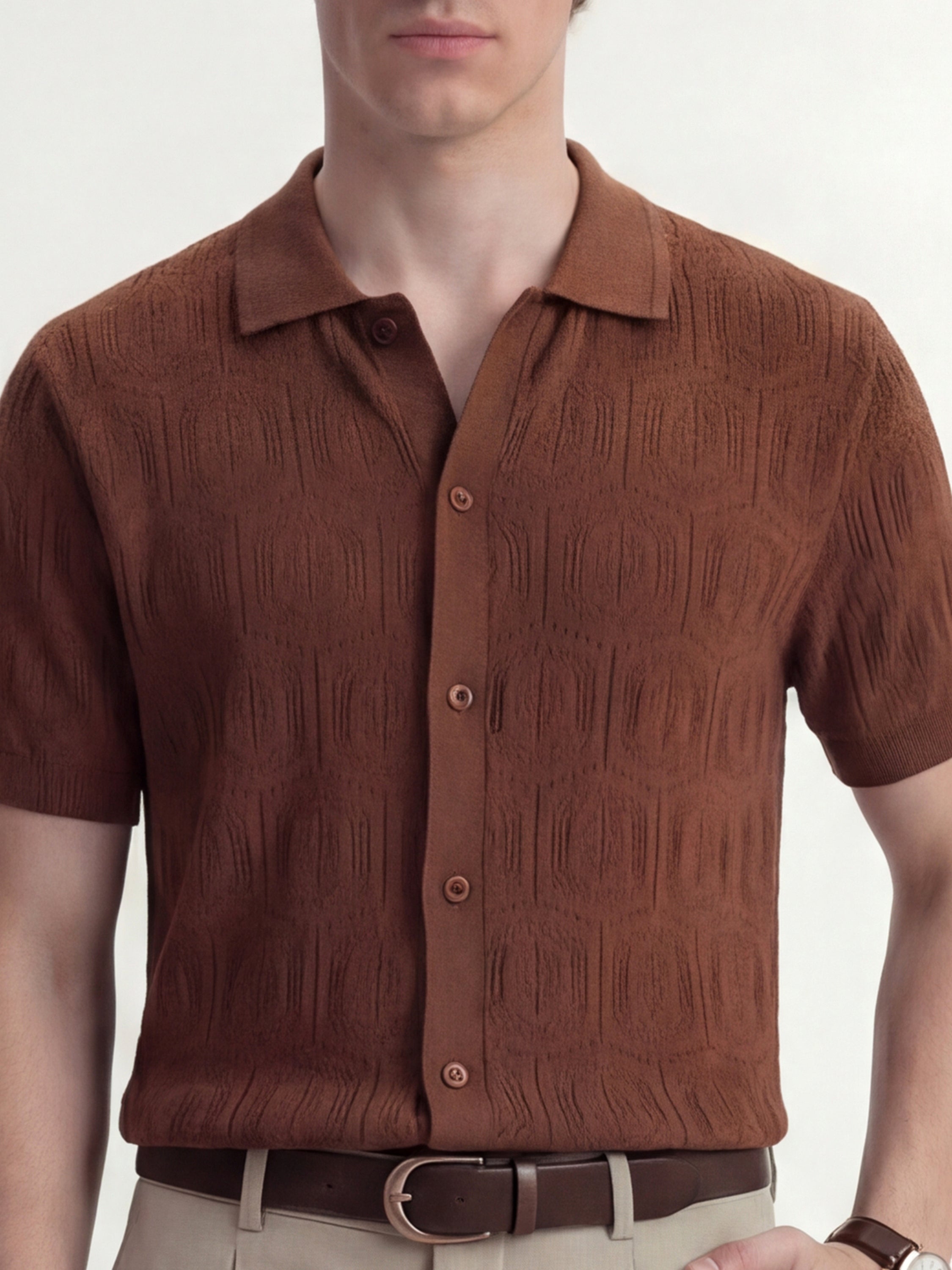 Highlander Men Brown Self Design Relaxed Fit Casual Shirt - Brown - Image 5