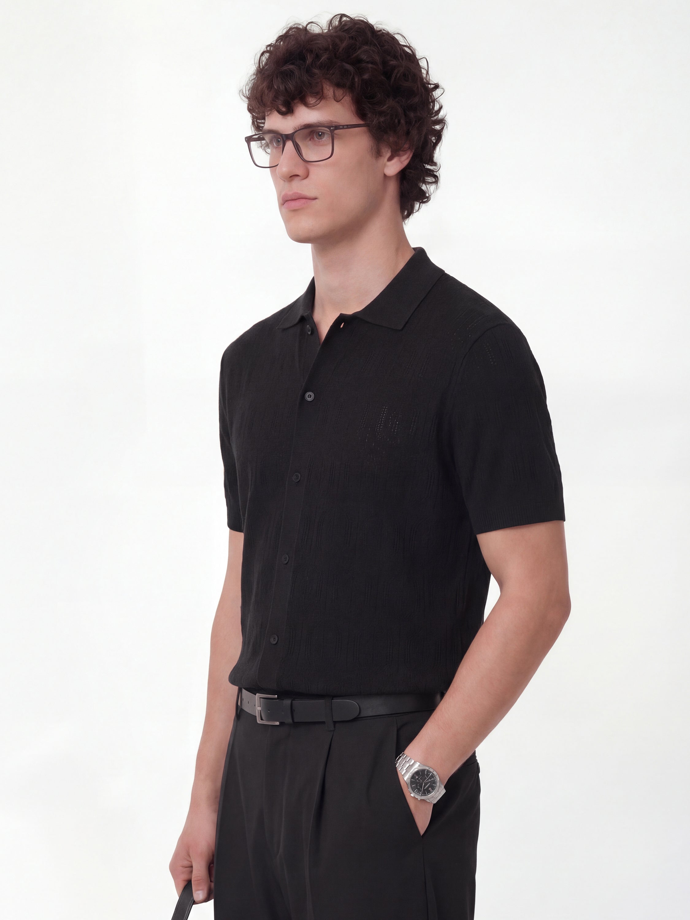 Highlander Men Black Self Design Relaxed Fit Casual Shirt - Black - Image 4