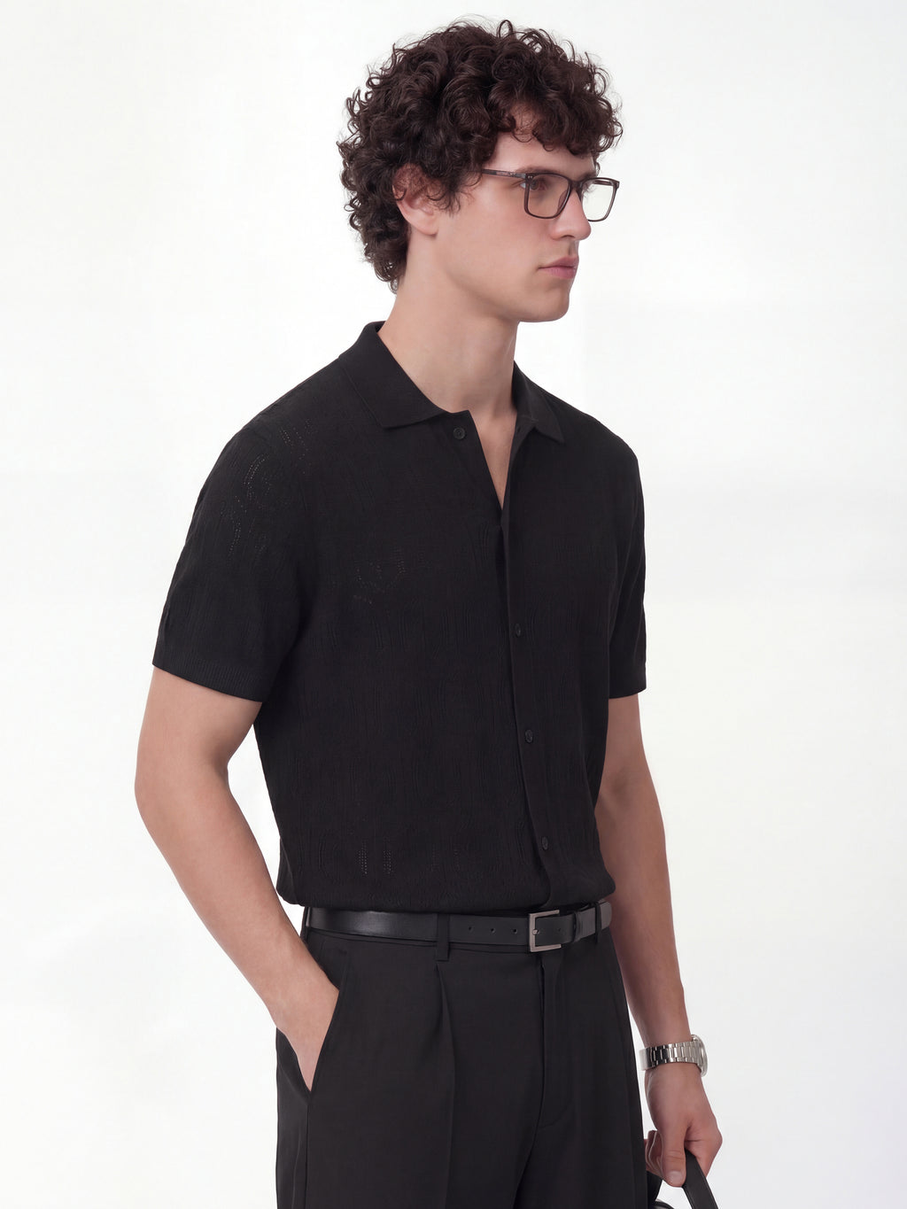 Highlander Men Black Self Design Relaxed Fit Casual Shirt - Black - Image 6