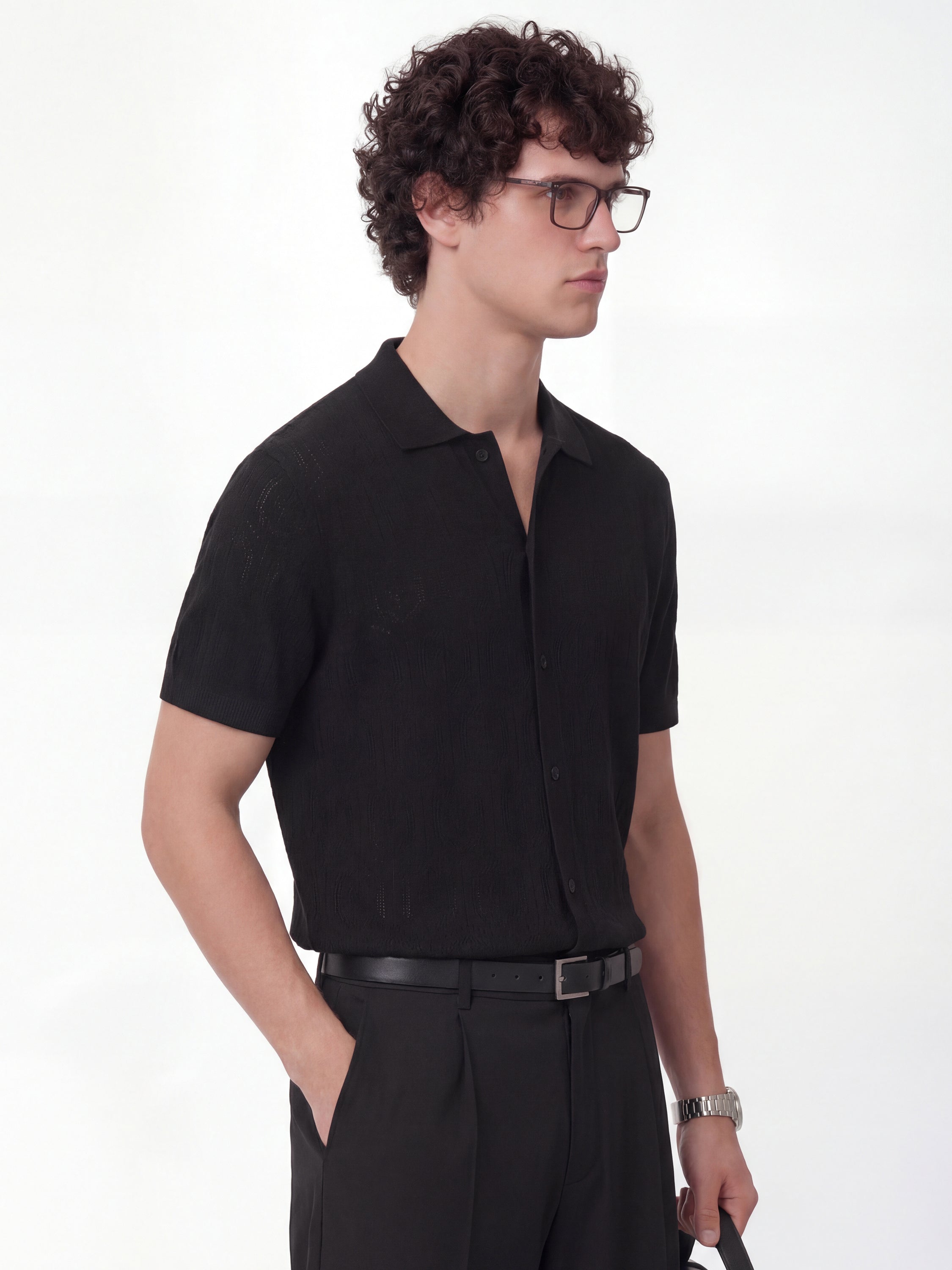 Highlander Men Black Self Design Relaxed Fit Casual Shirt - Black - Image 6