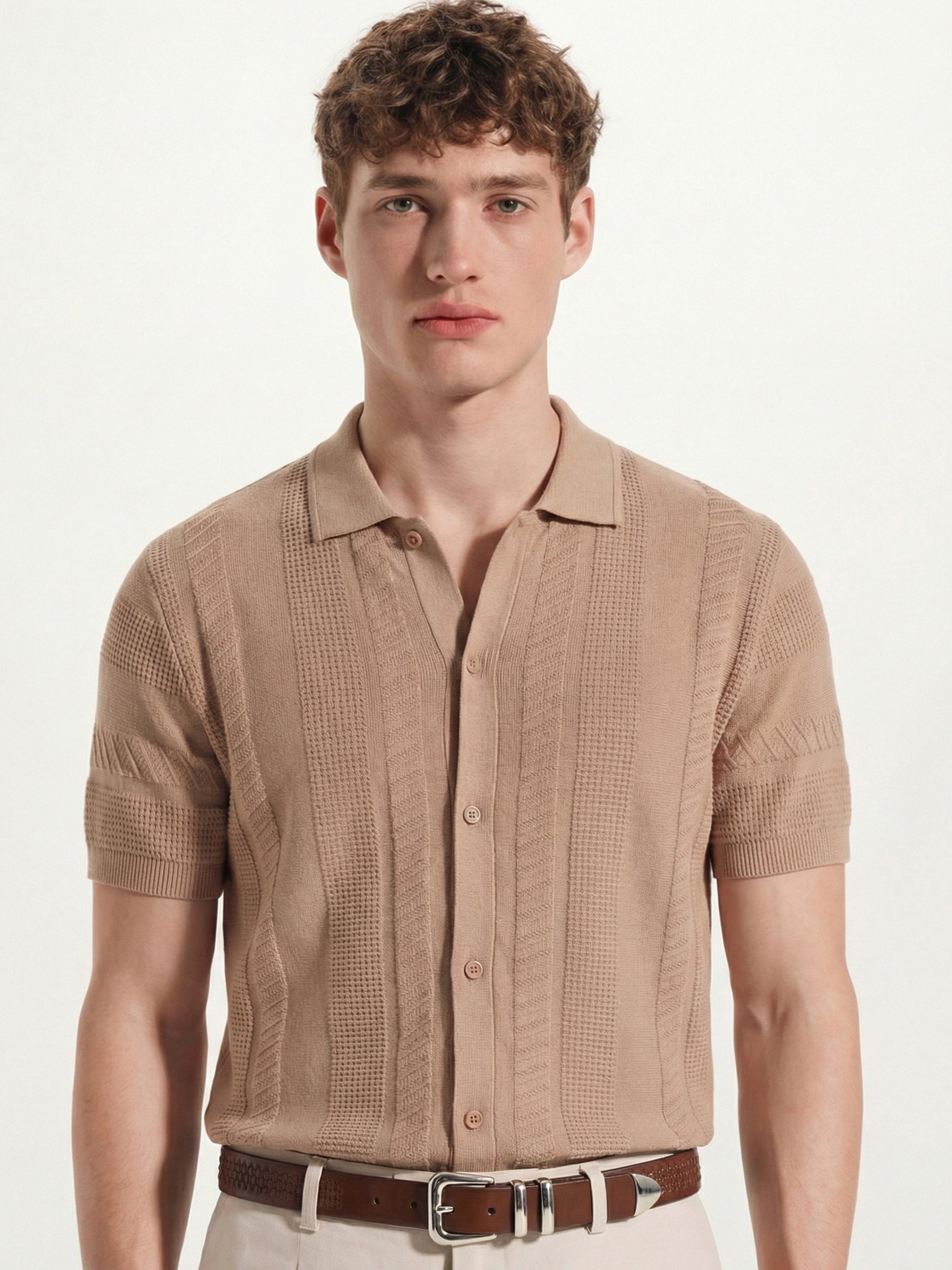 Highlander Men Tan Self Design Relaxed Fit Casual Shirt - Tan - Image 1