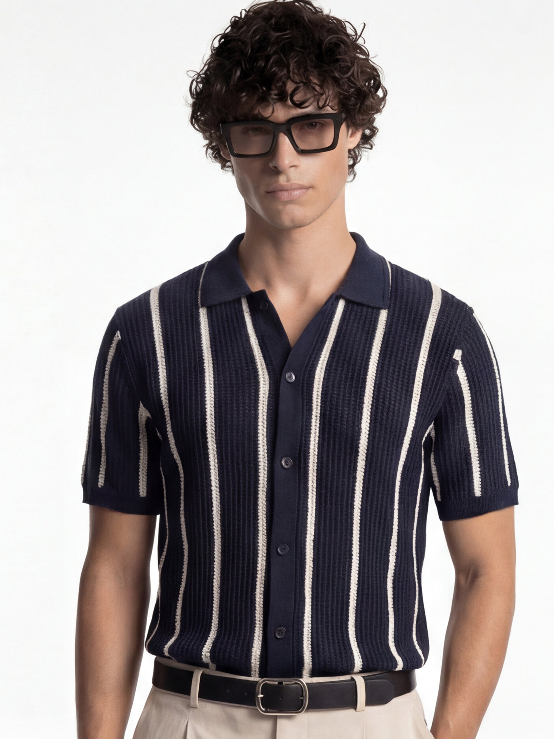 Highlander Men Navy Blue Self Design Relaxed Fit Casual Shirt - Navy Blue - Image 1