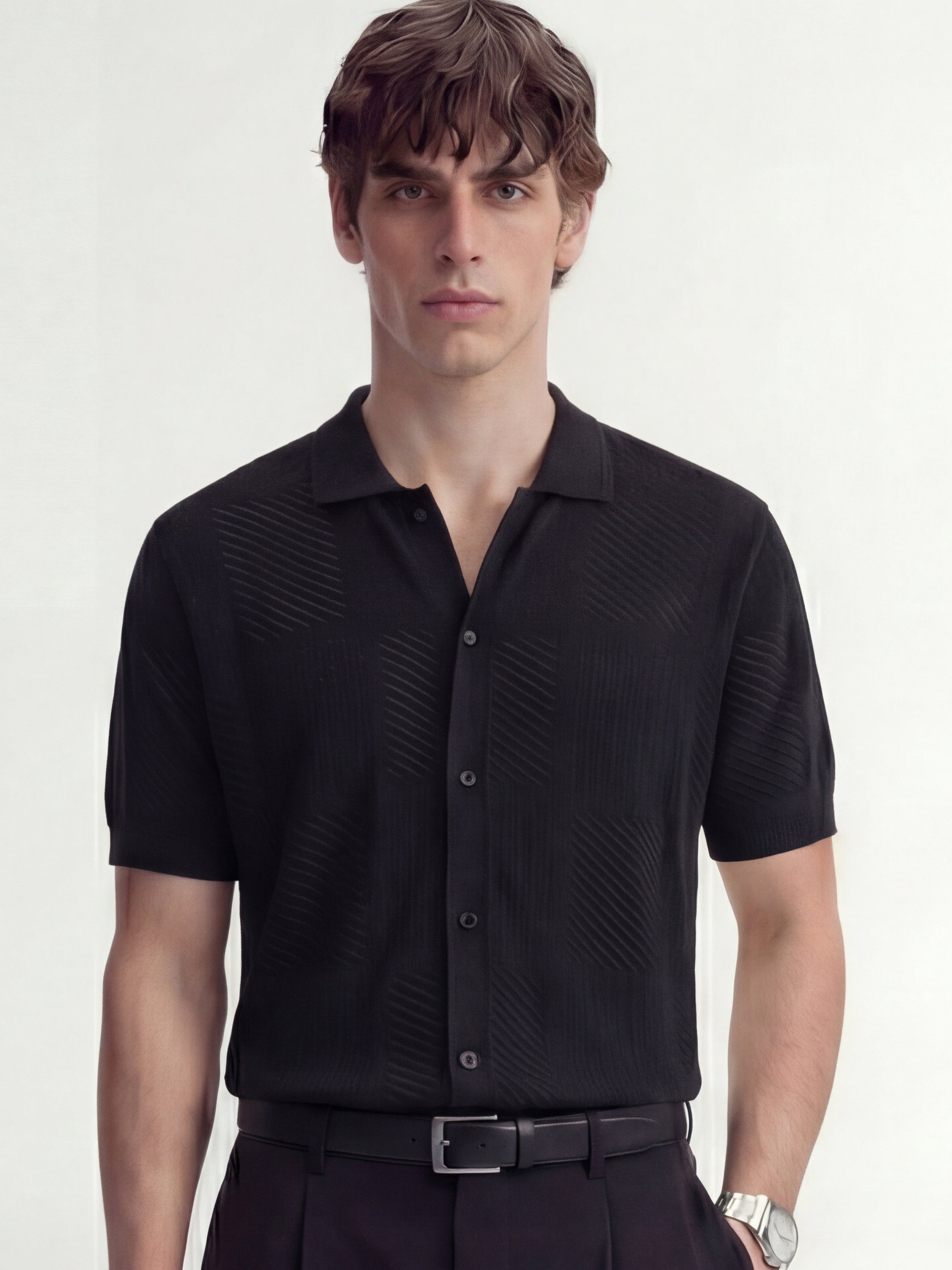 Highlander Men Black Self Design Relaxed Fit Casual Shirt - Black - Image 1