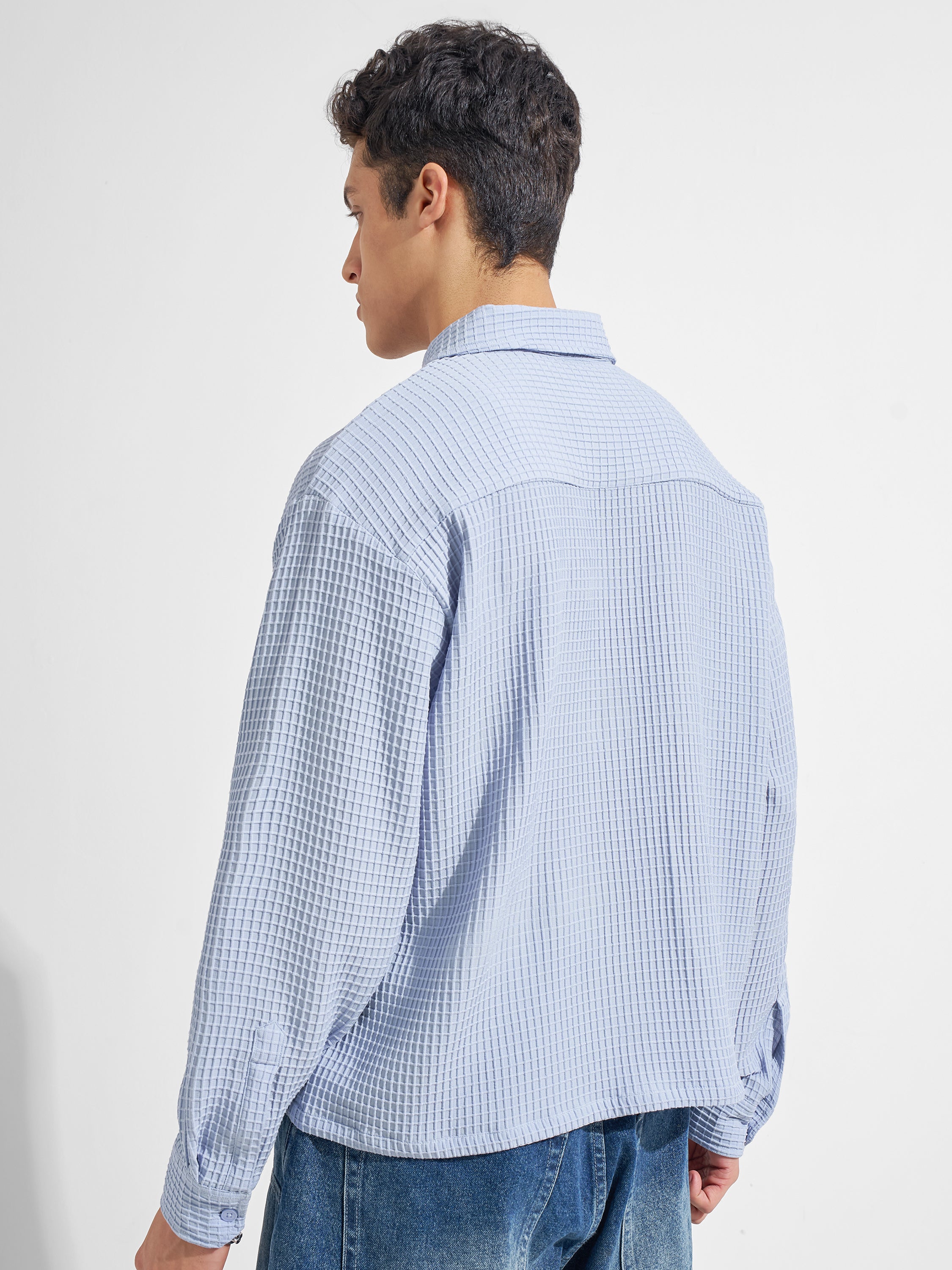 Highlander Men Blue Self Design Boxy Fit Casual Shirt